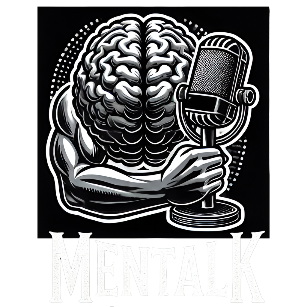 Illustrated brain with microphone design for Mentalk podcast in black and white monochromatic style.
