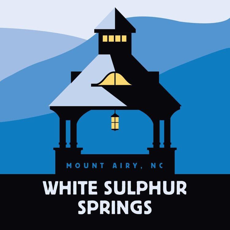 Stylized illustration of White Sulphur Springs landmark in Mount Airy NC against blue mountain backdrop.