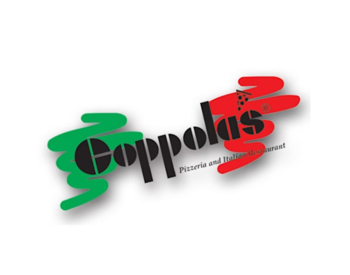 A stylized Coppola's restaurant logo featuring red and green paint splatter elements in Italian flag colors.