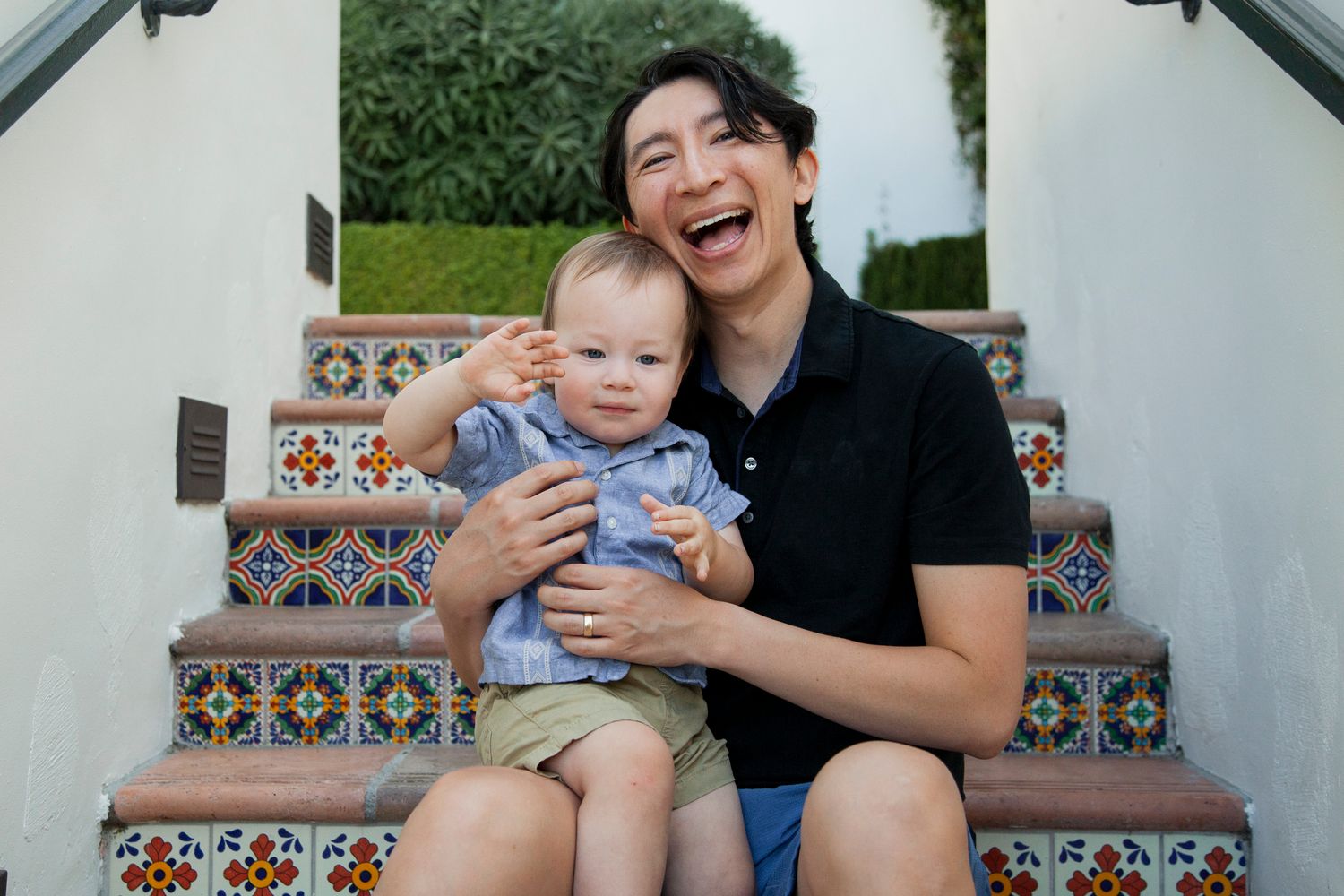 A sequence of four candid moments captured on decorative tiled steps outdoors.
