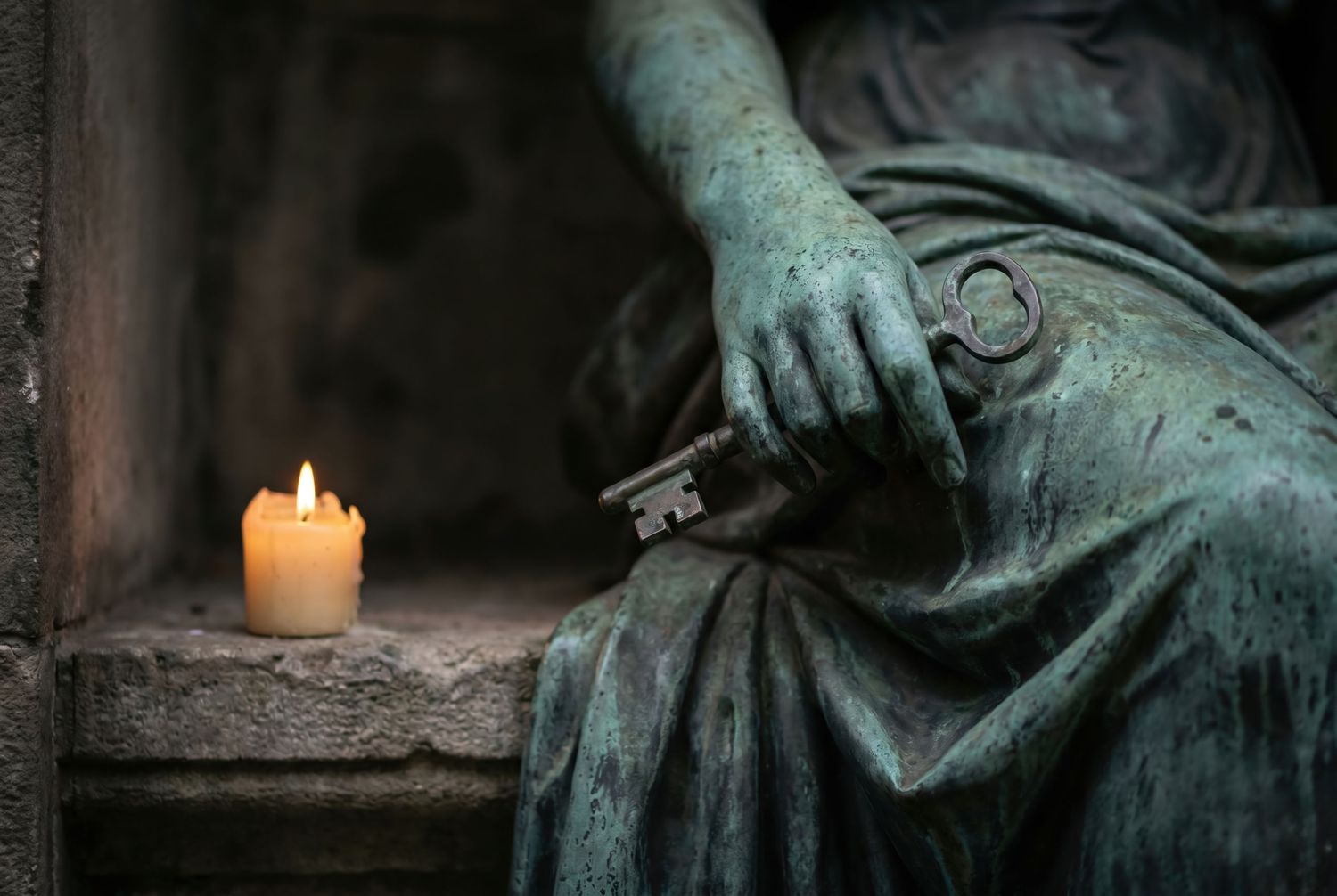 Bronze statue holding an antique key beside a glowing candle in dim light, evoking mystery and history.