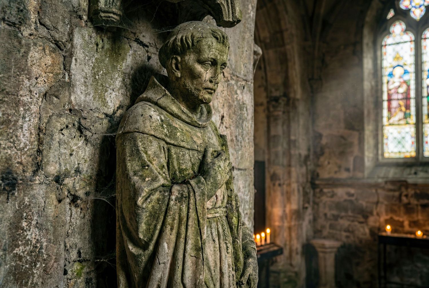 Ancient moss-covered stone monk statue in a historic Gothic church with stained glass windows and candlelight.