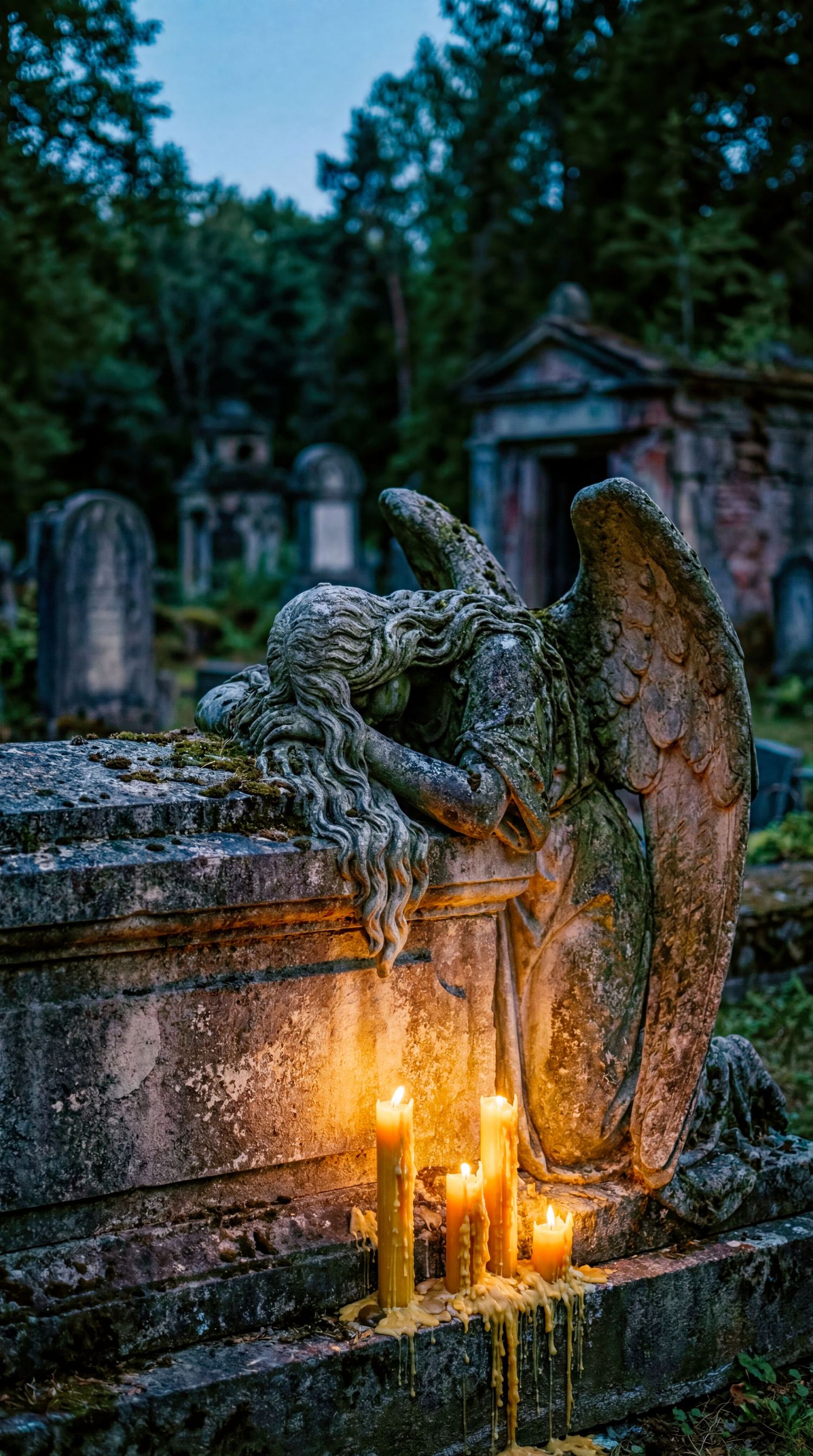 Stone angel statue on a weathered cemetery tomb with glowing candles at dusk, surrounded by gravestones and trees.
