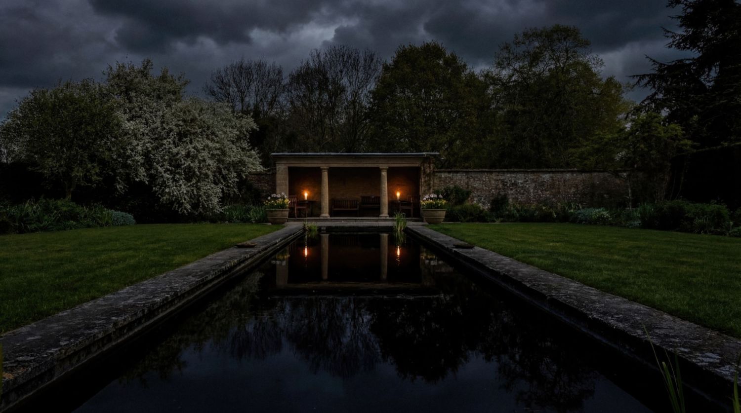 A dark and moody panoramic landscape with storm clouds gathering over trees and water at twilight.