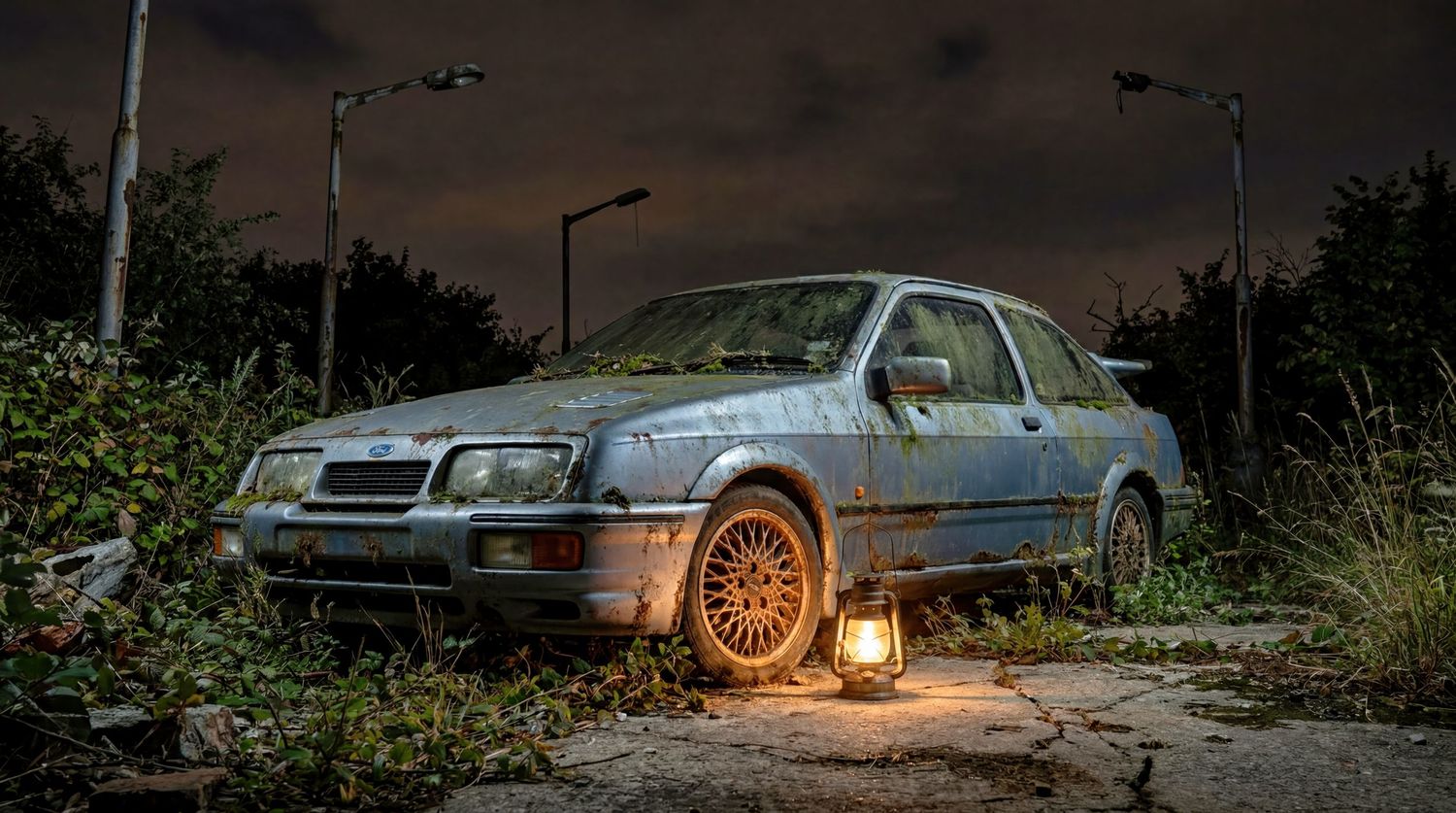 Abandoned rusty car at night with a glowing lantern, surrounded by overgrown weeds and lit street lamps in a dark, eerie setting.