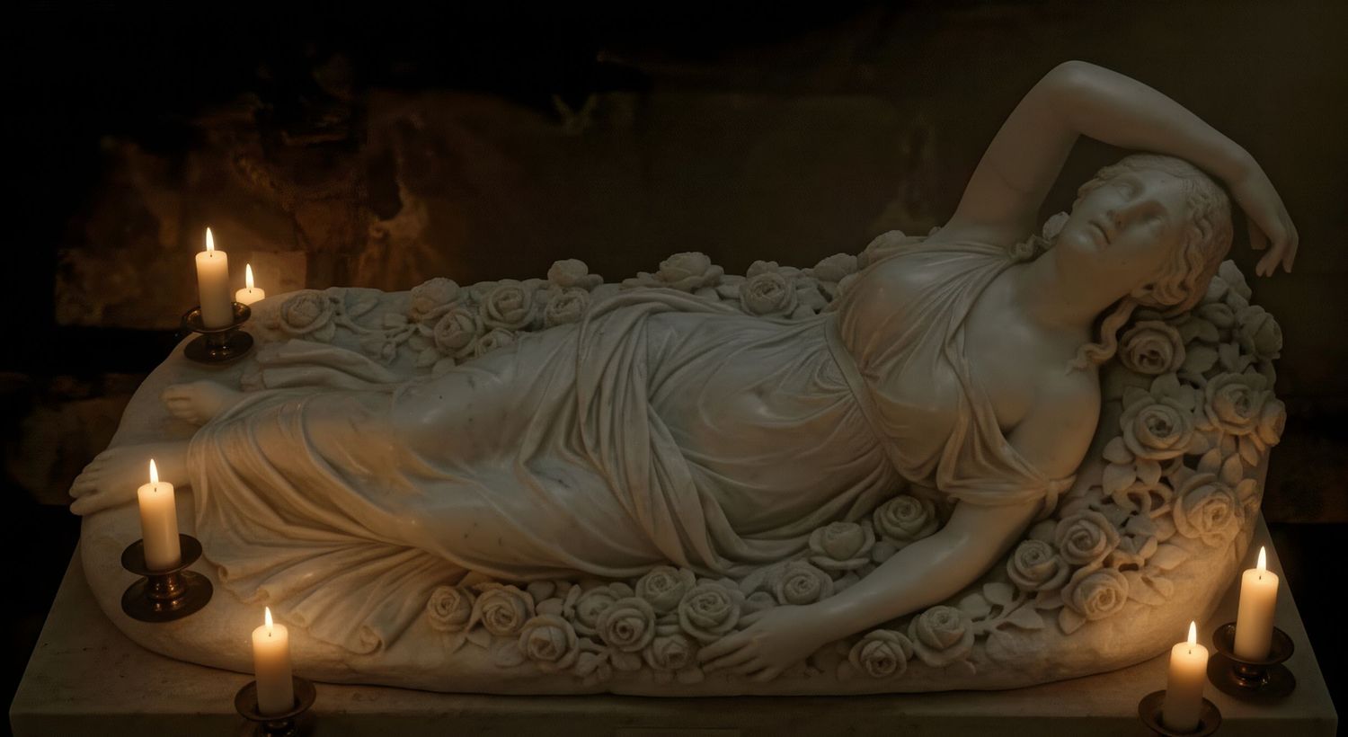 White marble sculpture of a reclining woman surrounded by candles in warm candlelight.