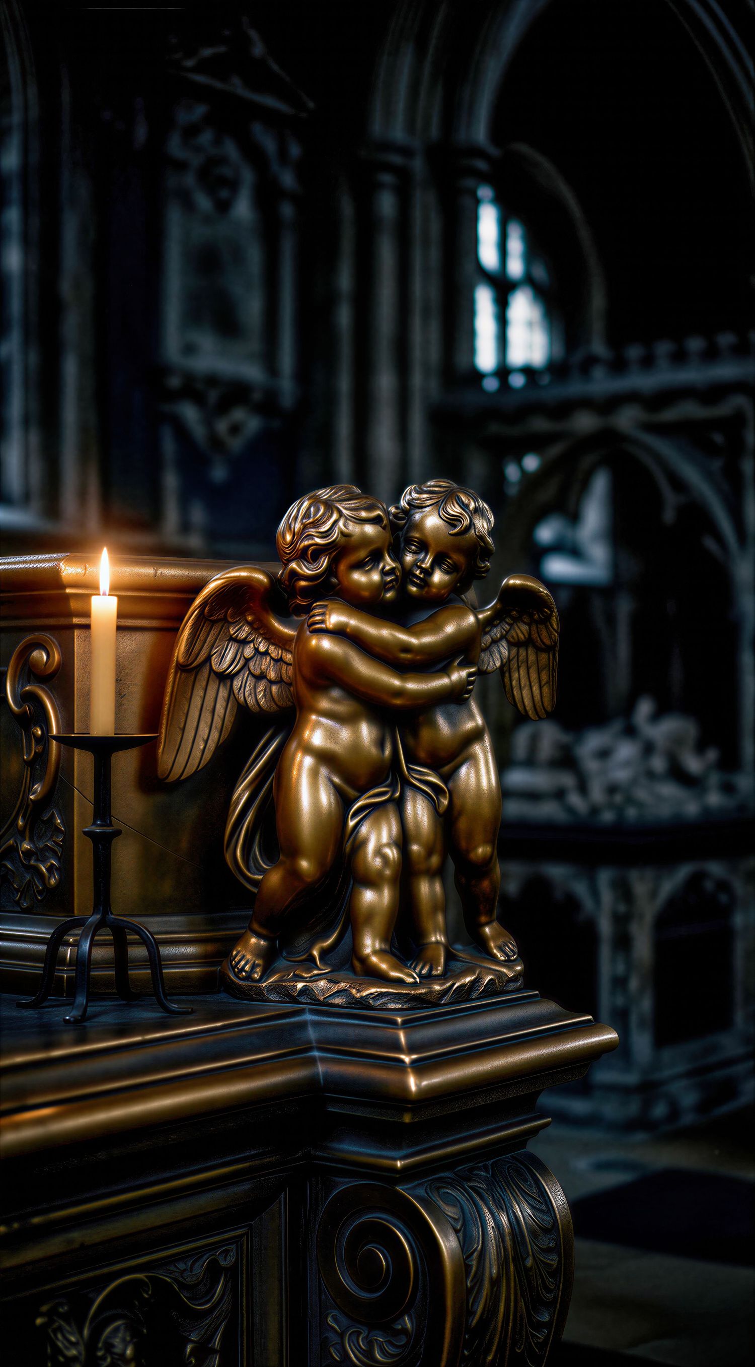 Golden cherub statues embracing on ornate church altar with candlelight in gothic cathedral interior.