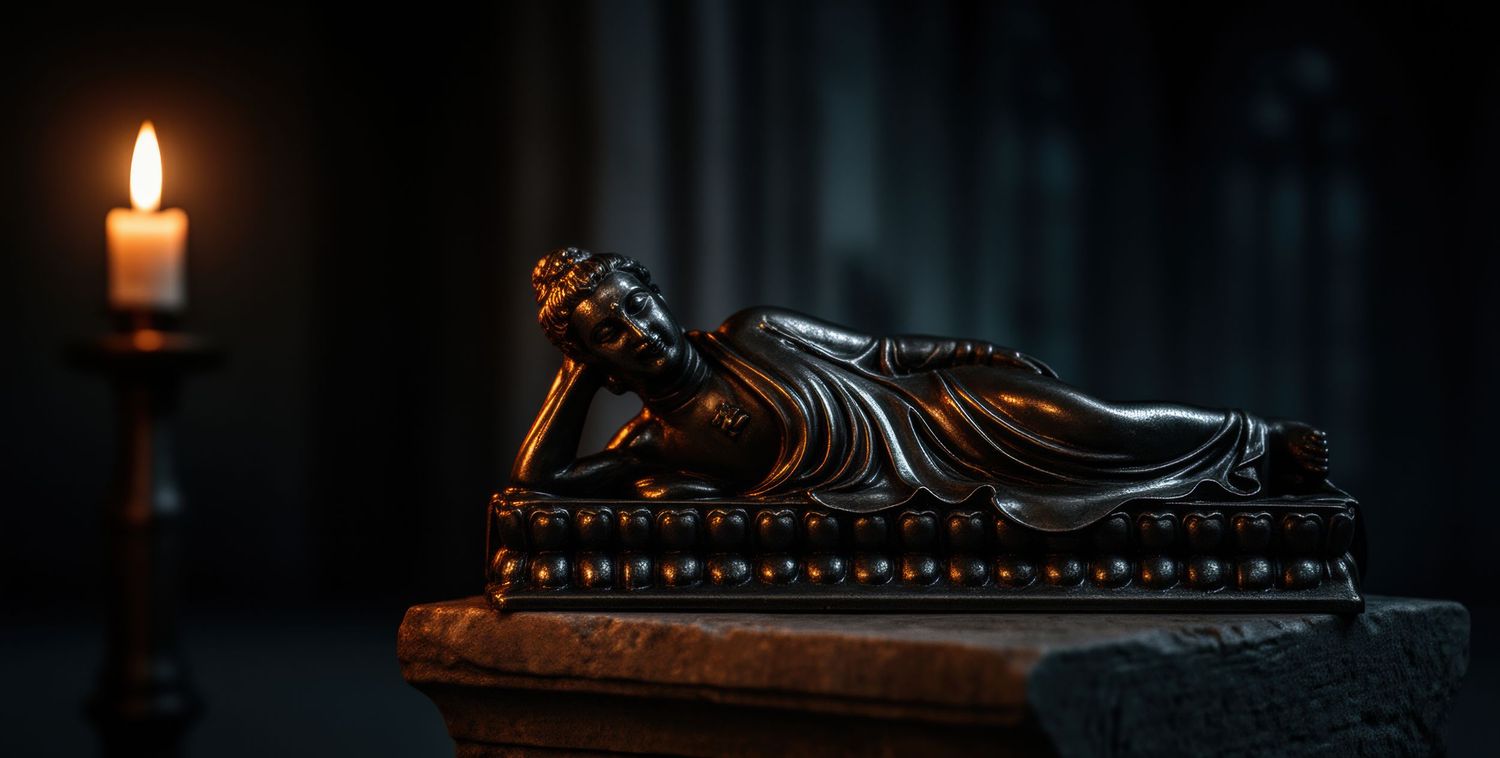 Dark bronze reclining Buddha statue on ornate base beside glowing candle in dim atmospheric setting.