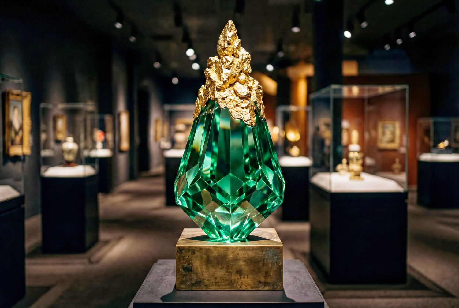 Large emerald green crystal sculpture with gold accents displayed in a luxury museum exhibition hall.
