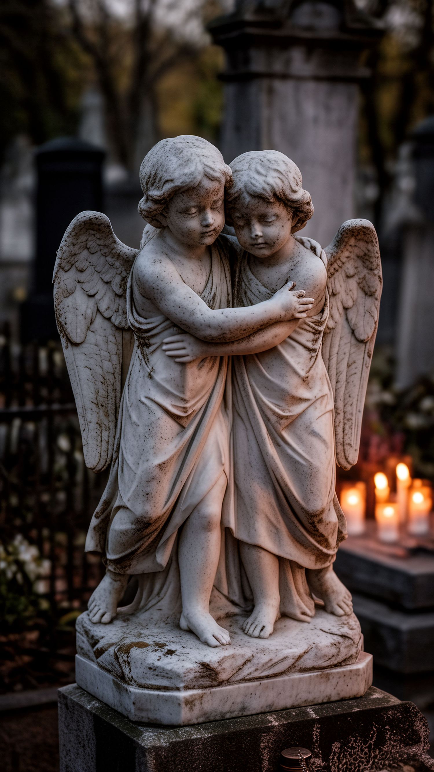 Two cherub angel statues embracing on a cemetery grave marker, surrounded by candlelight in a somber outdoor setting.