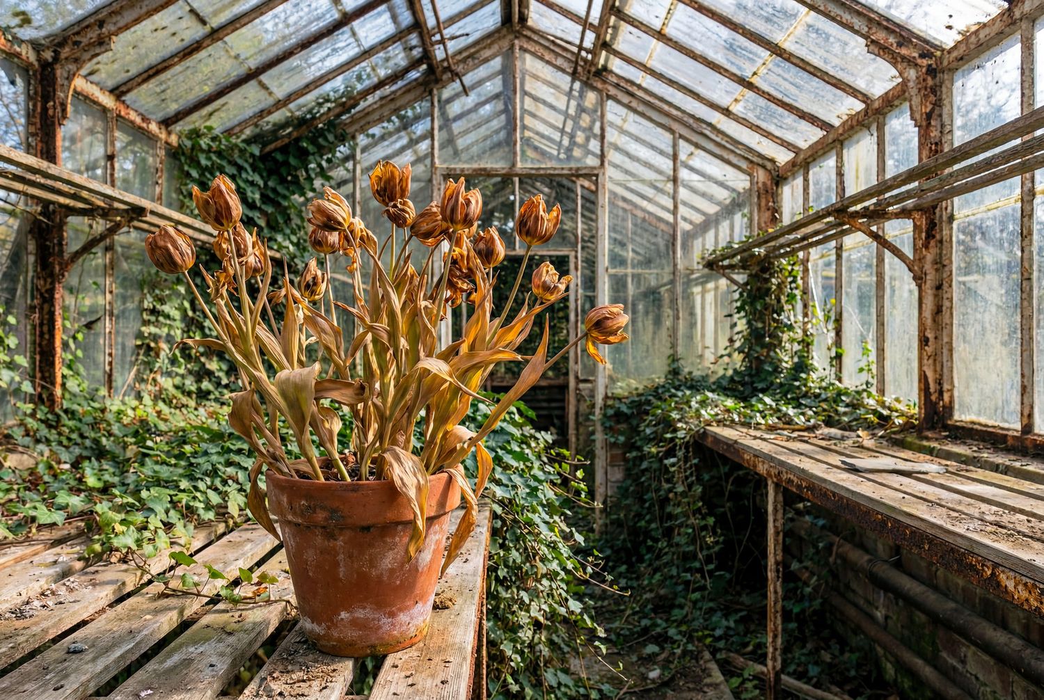 Abandoned greenhouse with dead tulips in a terracotta pot, overgrown ivy, and rusty glass roof panels.