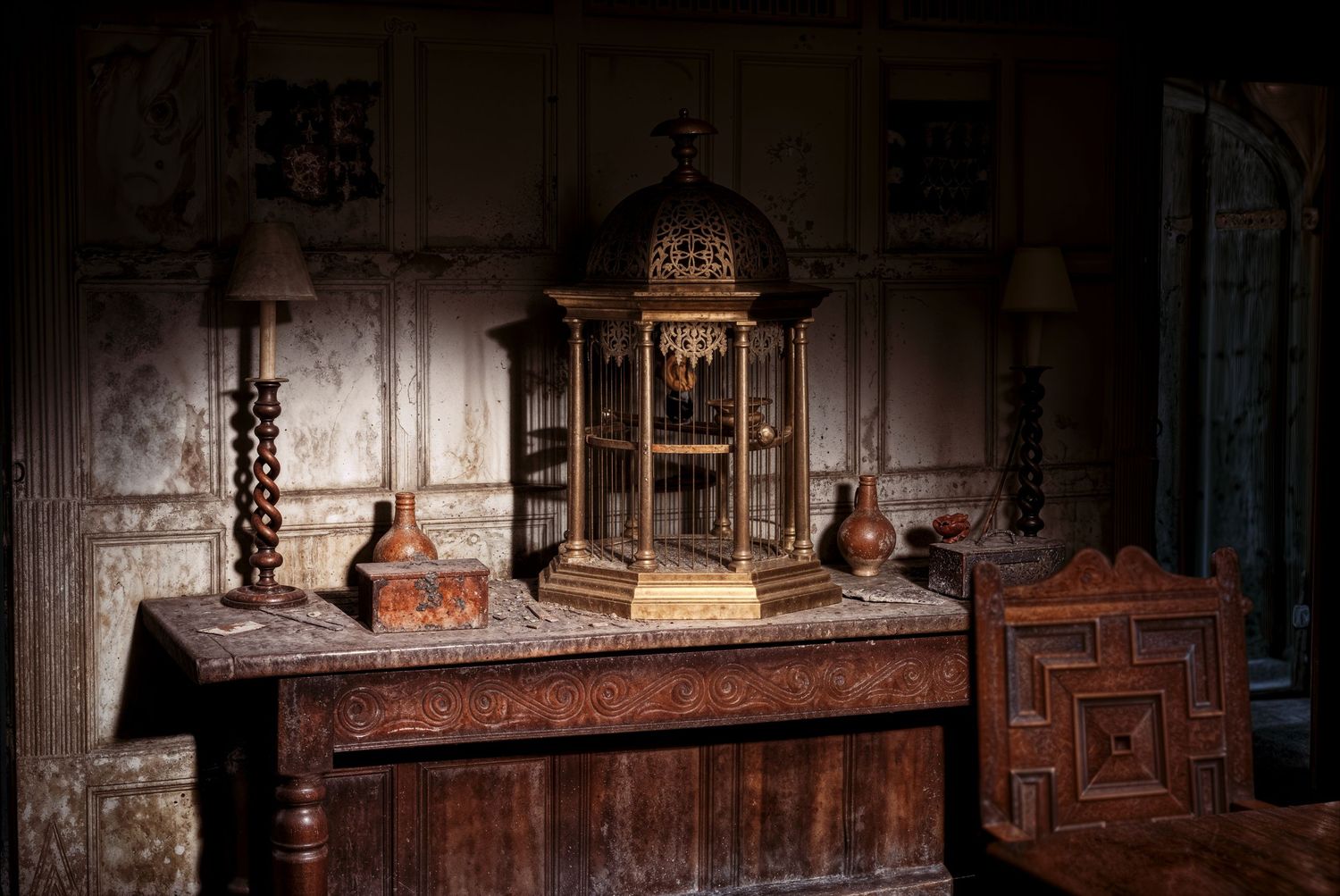 Antique ornate brass clock displayed on a carved wooden table in a dimly lit historic room.