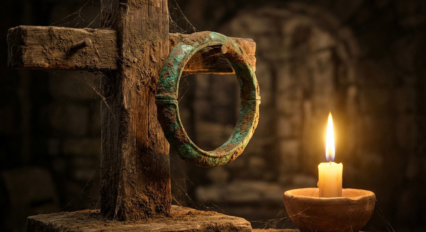 Ancient wooden cross with a bronze ring and glowing candle in a dark stone setting.