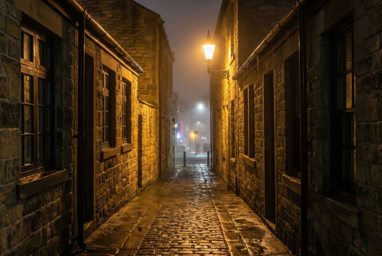 Foggy cobblestone alley at night with glowing street lamps illuminating wet stone walls in an old historic town.