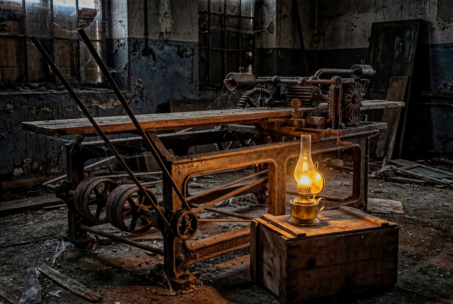 Vintage rusty industrial machinery with a glowing oil lantern on a wooden crate in an abandoned factory.