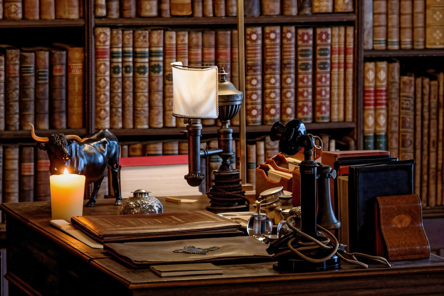 Vintage study desk with antique books, lit candles, and microscopes against a library bookshelf backdrop.