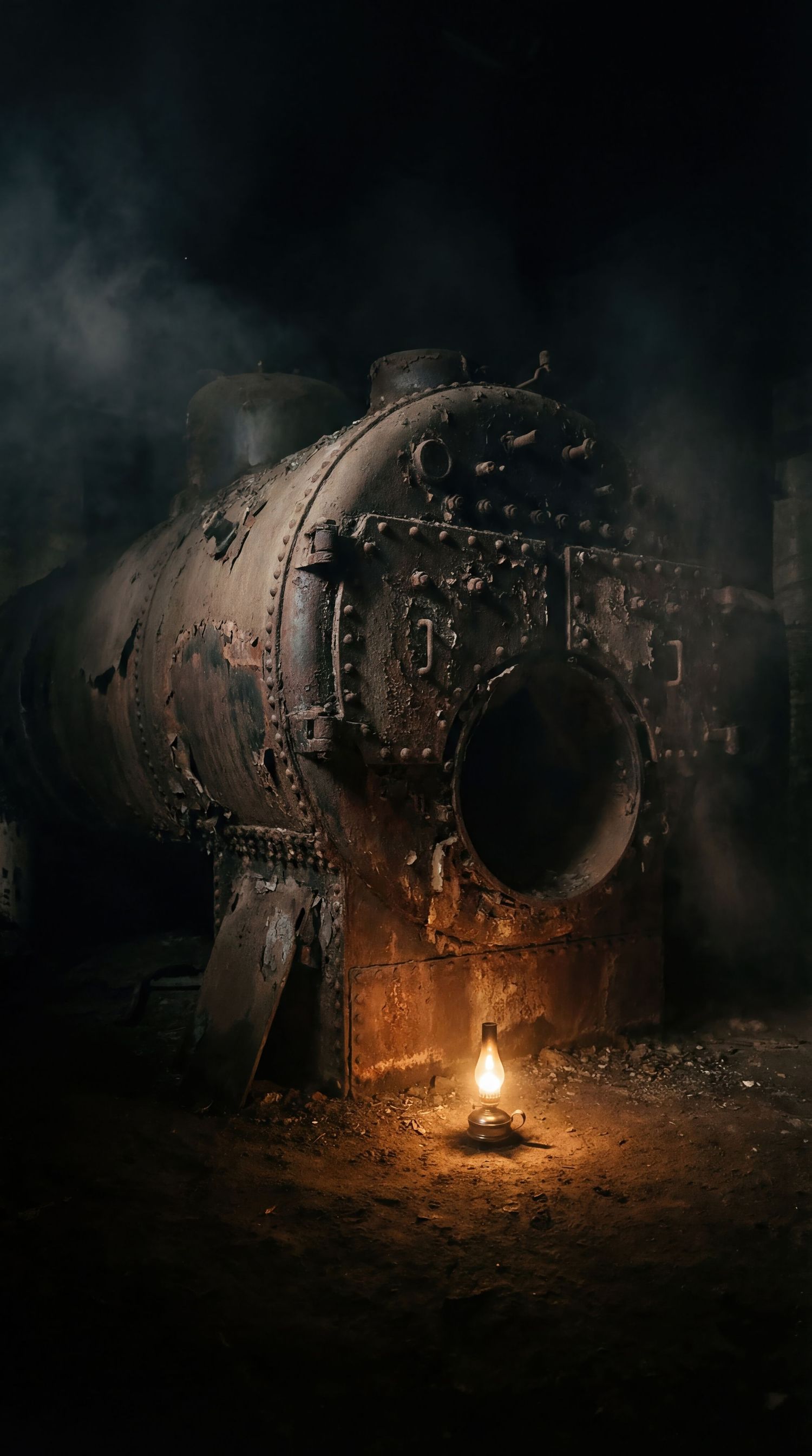 A dimly lit abandoned aircraft wreckage illuminated by a small fire casting an eerie orange glow in the darkness.