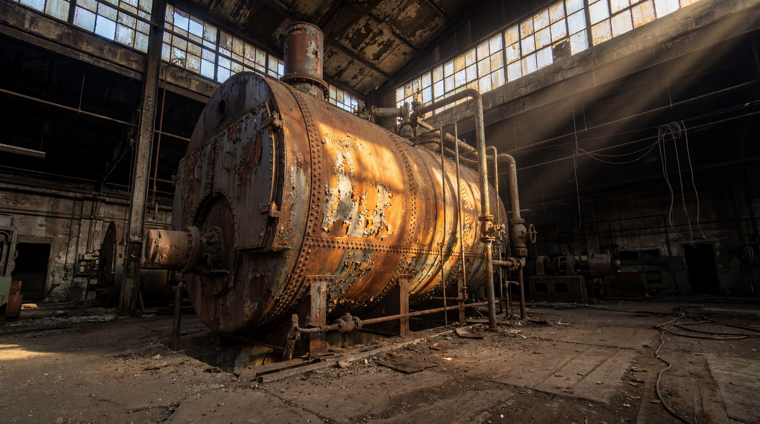 Rusty industrial boiler in an abandoned factory with dramatic sunlight streaming through broken windows.
