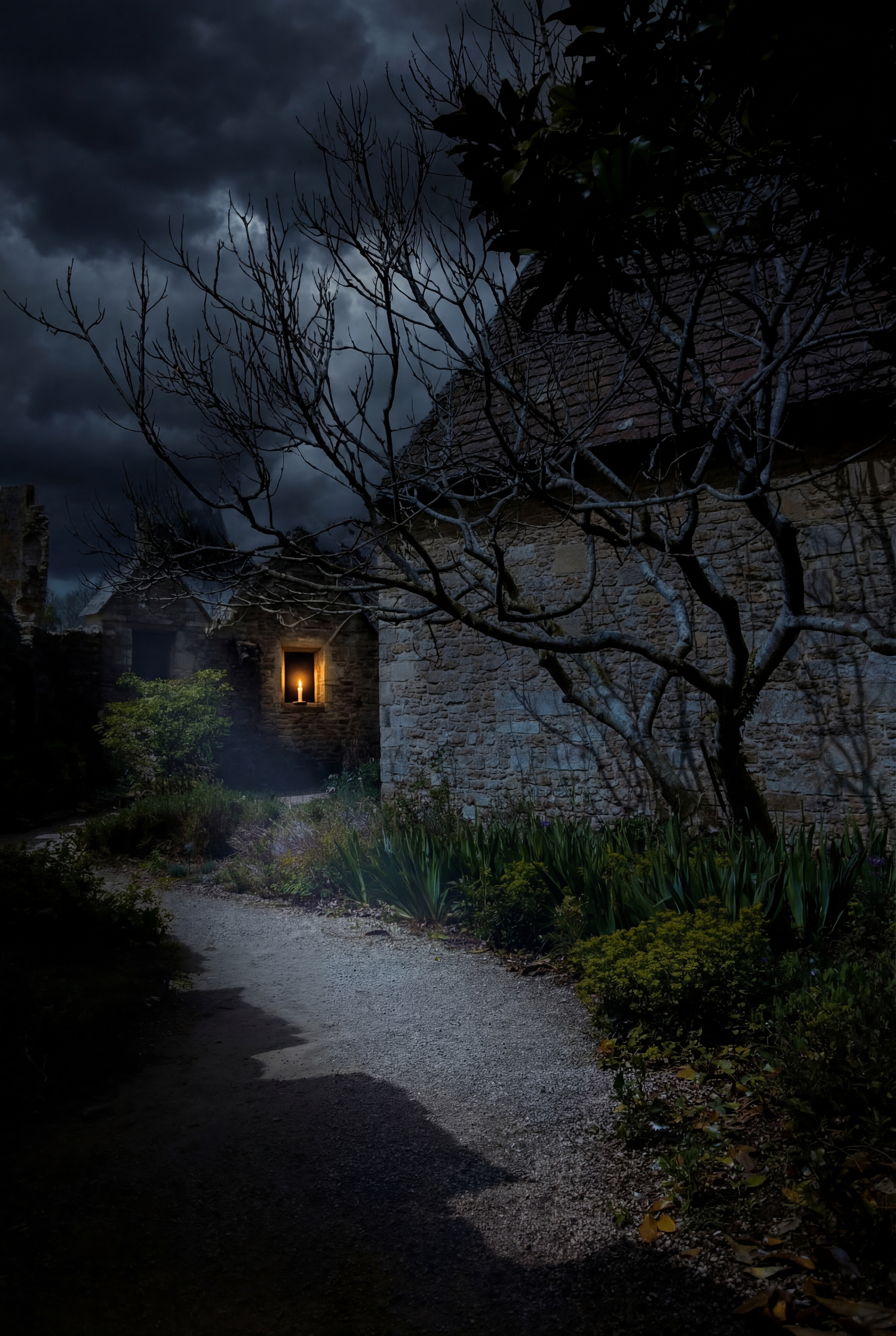 A dimly lit stone path leads to an illuminated window in an old building on a dark, moody night.