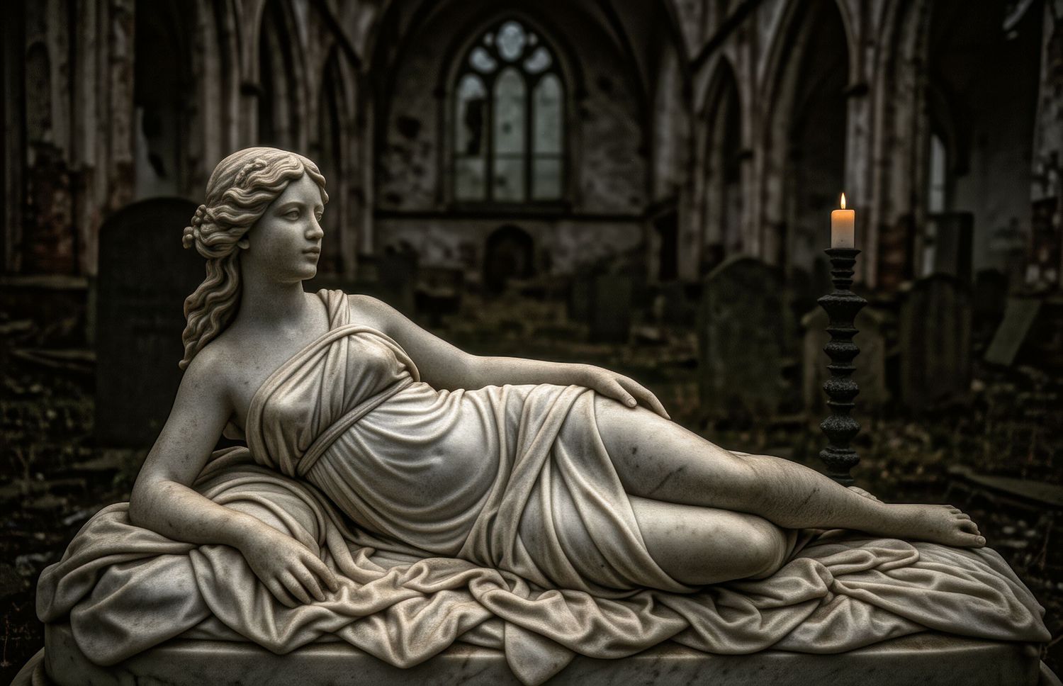 Marble reclining female statue in a Gothic ruined church with candlelight and gravestones in the background.