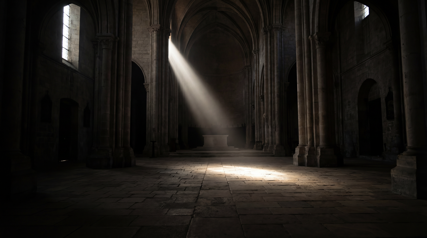 Dramatic light beam illuminates dark medieval cathedral interior with stone columns and arched ceiling.