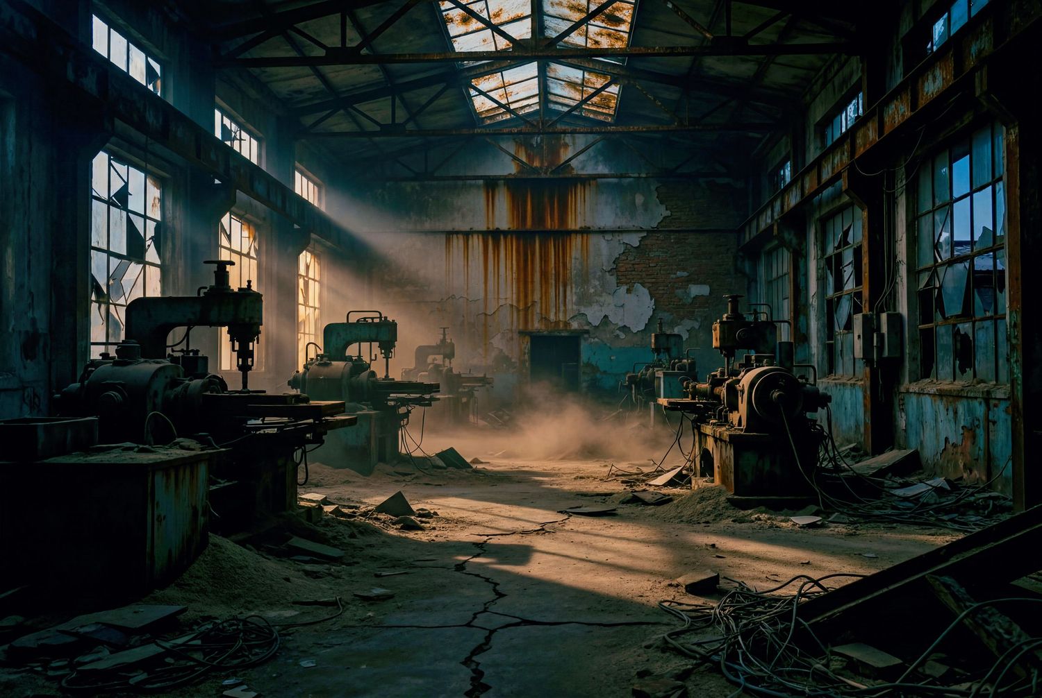 Abandoned industrial warehouse with dramatic sunlight streaming through dusty windows, revealing decayed machinery and debris.