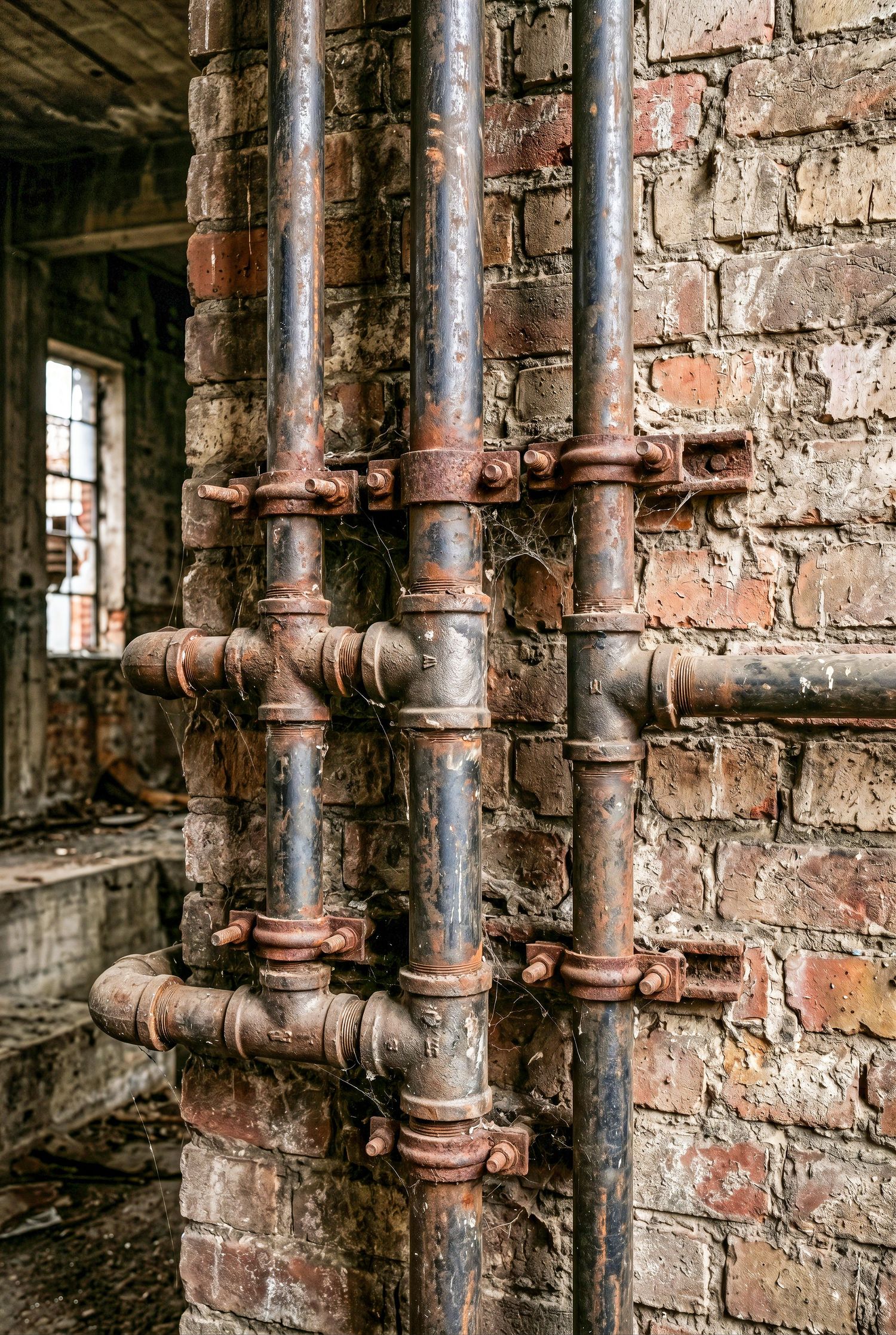 Rusty industrial pipes mounted on a weathered brick wall in an abandoned building with natural light from a window.