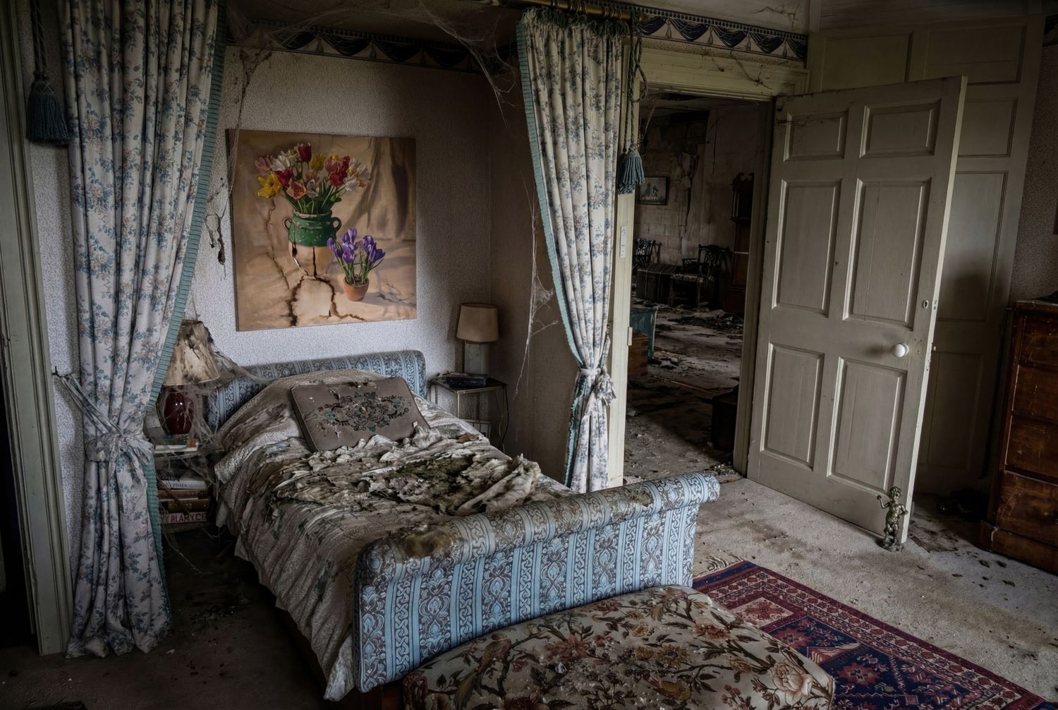 Abandoned room with peeling wallpaper, vintage curtains, and debris scattered across the wooden floor in dim lighting.