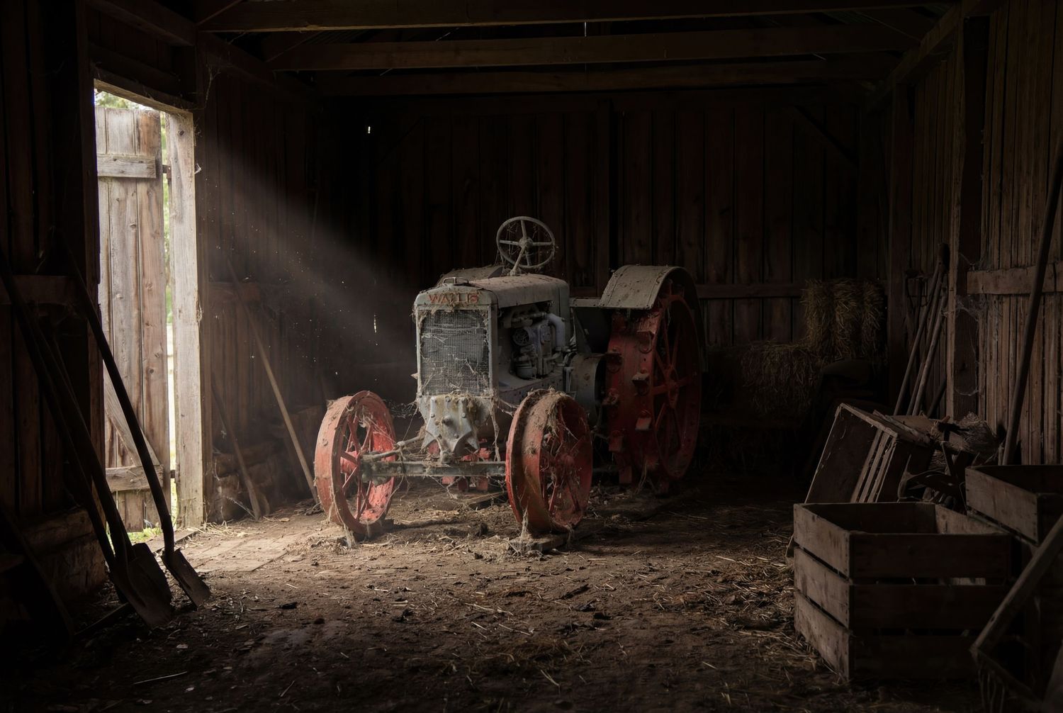 Dark and moody industrial tunnel with abandoned mining equipment and rusty machinery illuminated by dramatic lighting.