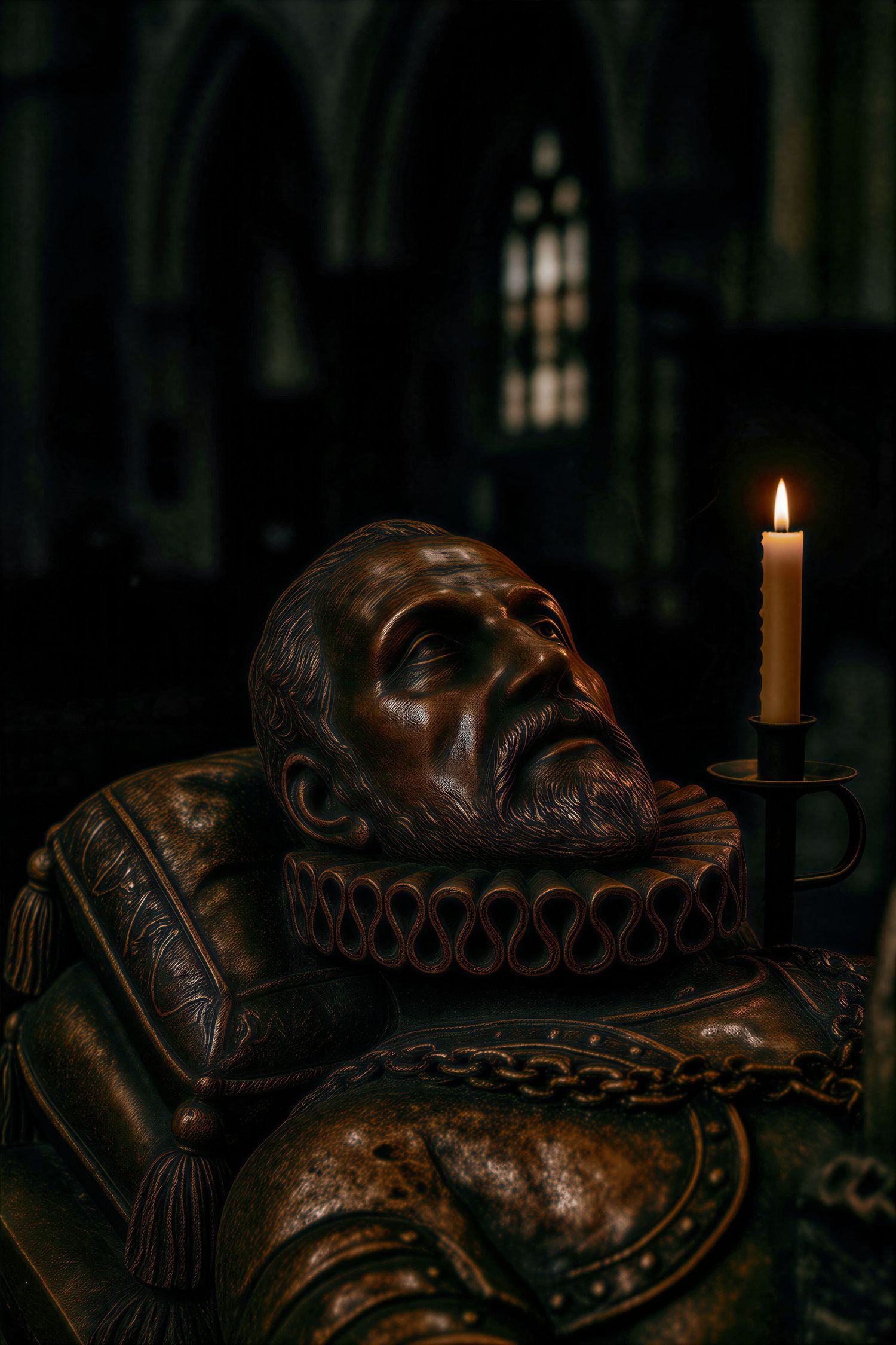 Bronze effigy of a bearded nobleman lying in repose beside a lit candle in a dimly lit Gothic church.