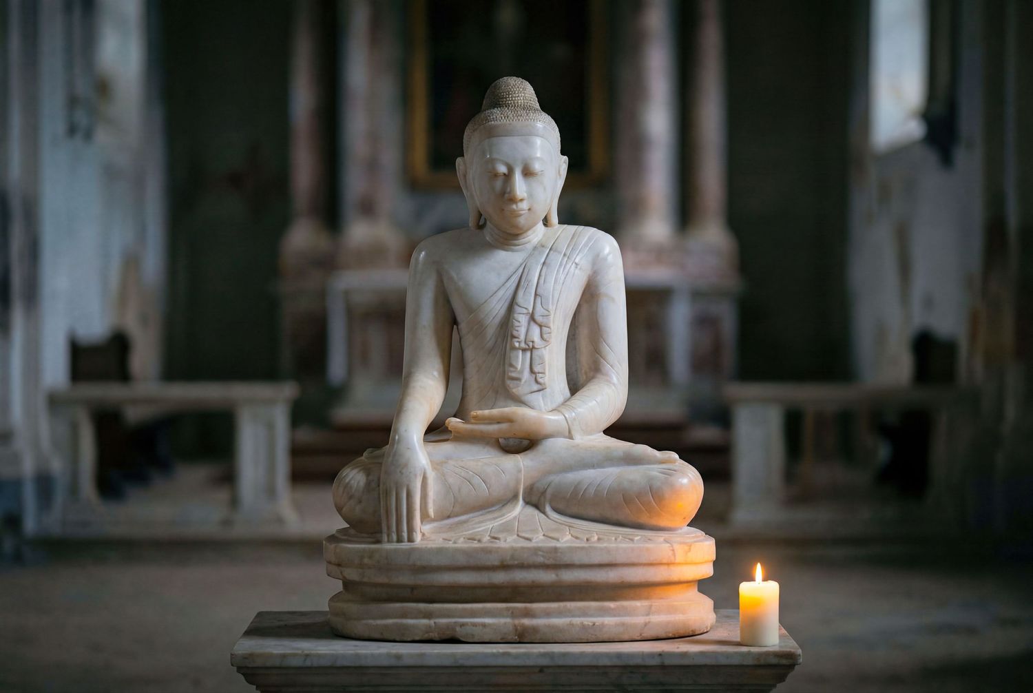 White marble Buddha statue in meditation pose on stone pedestal with lit candle in ancient temple interior.