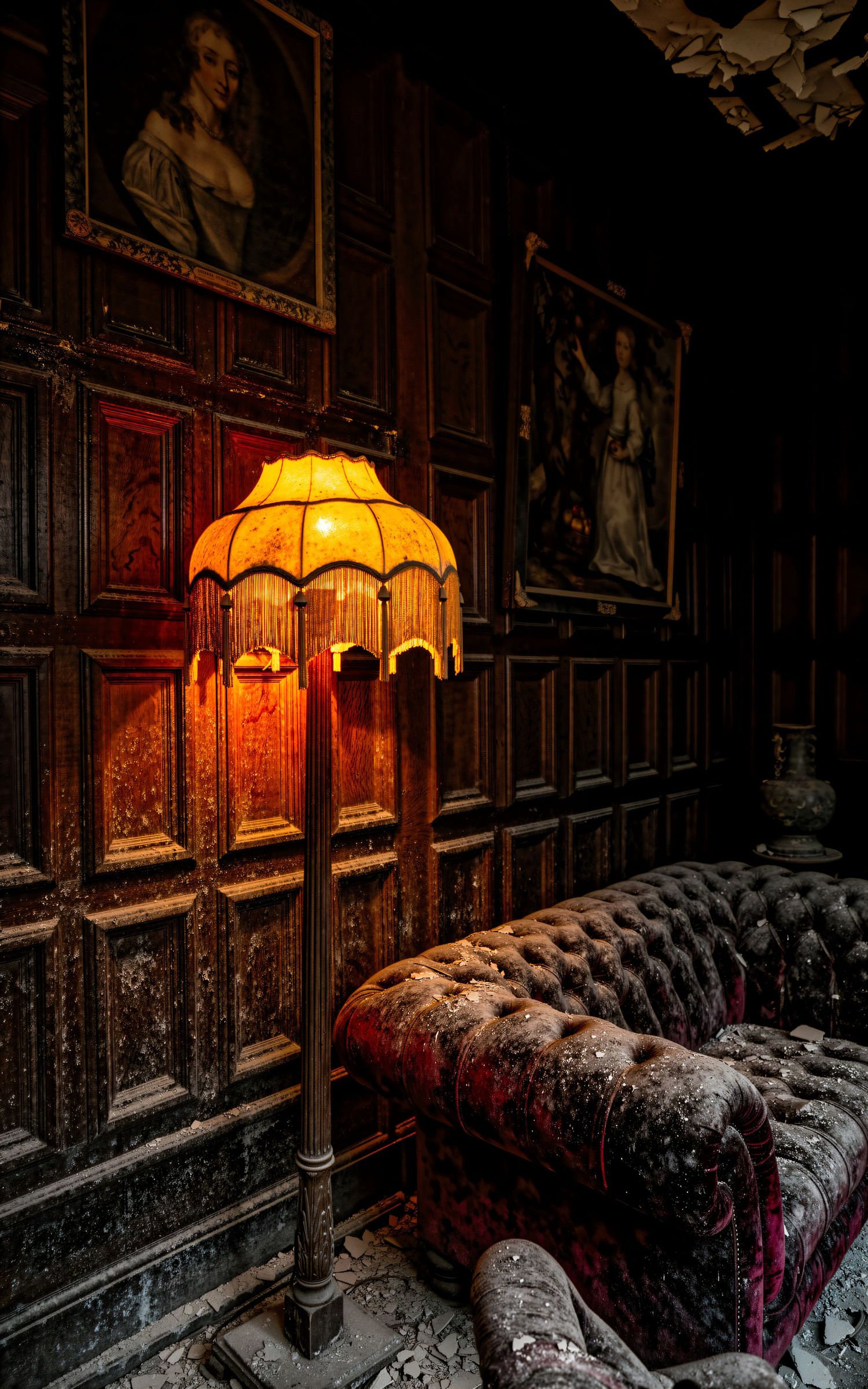 Dimly lit vintage room with glowing amber floor lamp, tufted velvet sofa, wood-paneled walls, and antique portrait paintings.