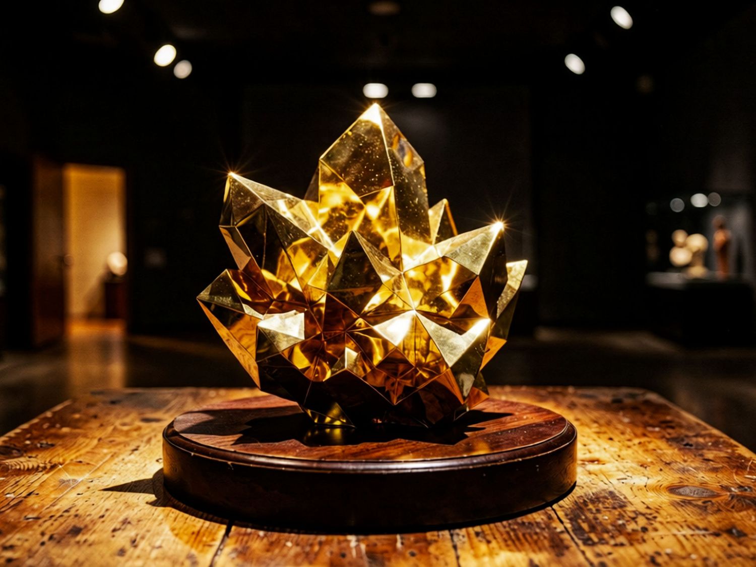 Golden crystal sculpture displayed on wooden base in dark museum gallery setting.
