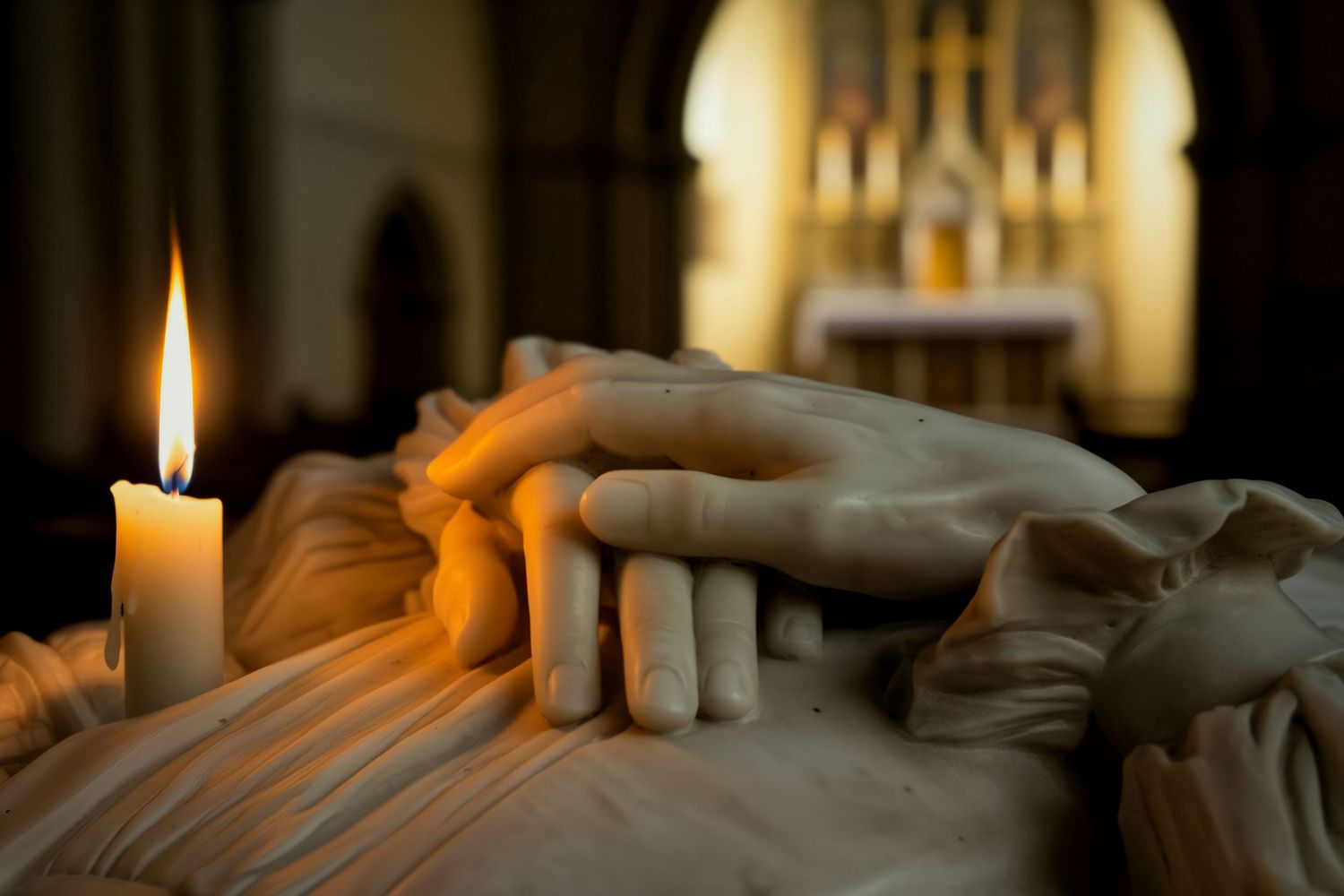 Marble tomb sculpture of clasped hands lit by candlelight inside a historic church with altar in background.