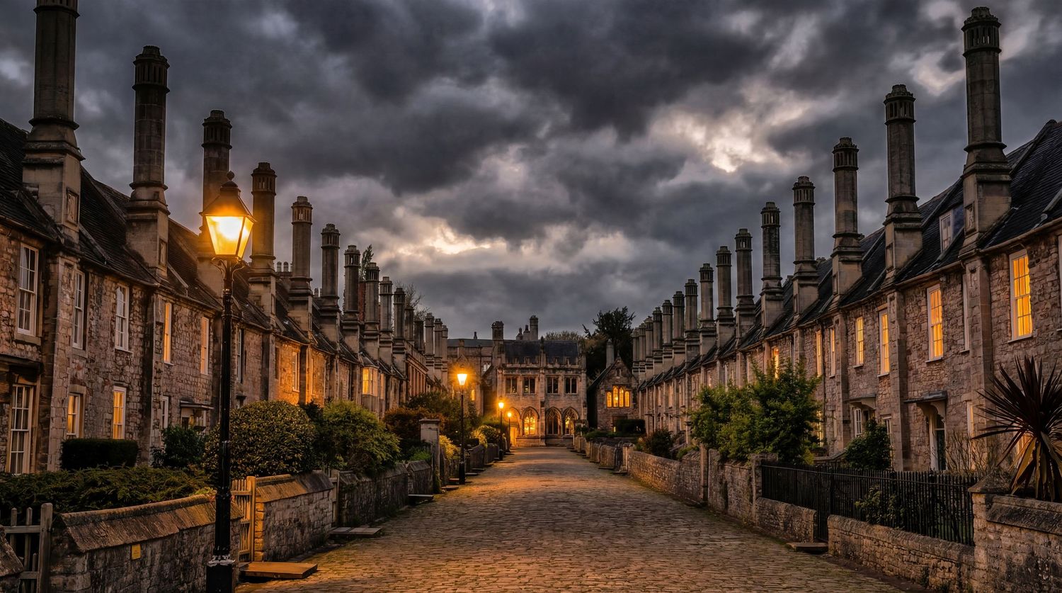 Dramatic twilight view of historic cobblestone street lined with stone cottages and glowing lanterns under stormy skies.