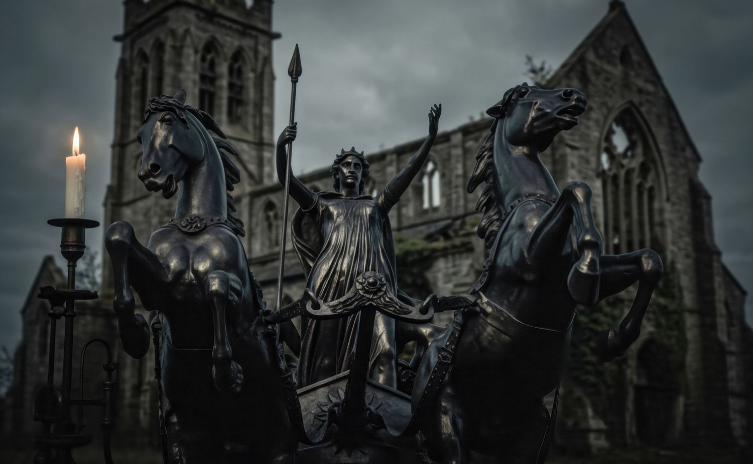 Dark bronze Boudica statue with horses and candle before gothic church at dusk.