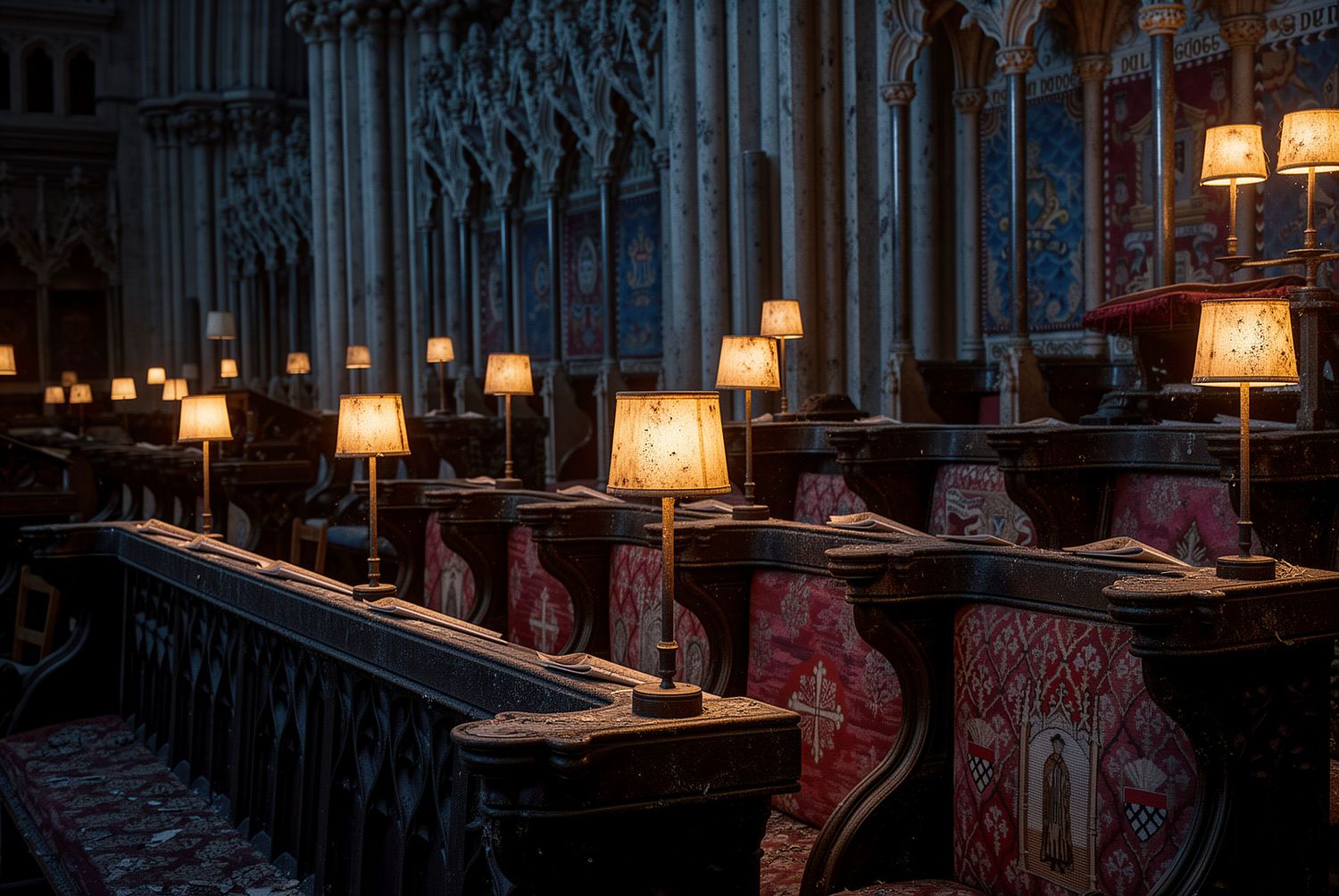 Dimly lit cathedral choir stalls with glowing lamp shades casting warm light on ornate wooden pews and tapestried chairs.