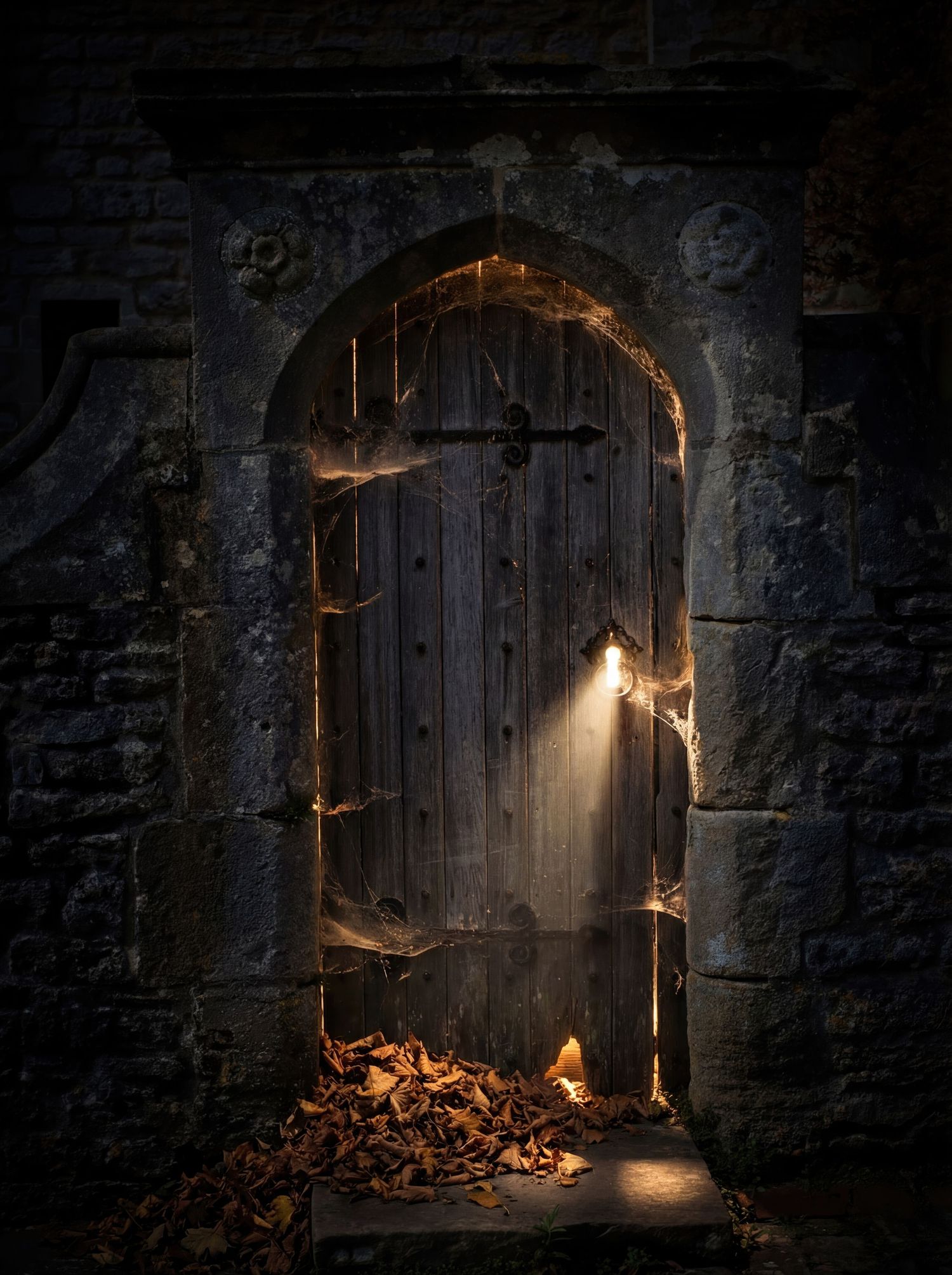 Ancient stone arched doorway with weathered wooden door, cobwebs, golden light rays, and autumn leaves piled at the entrance.