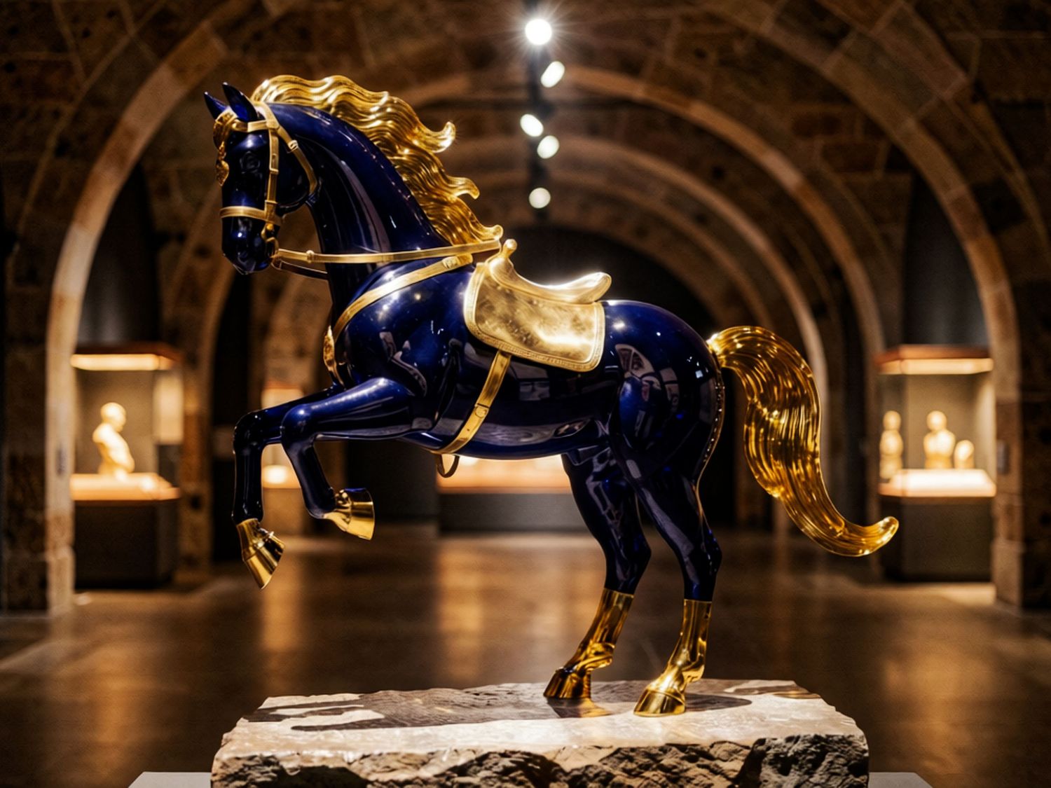 Blue and gold ceramic horse sculpture displayed in a museum gallery with arched stone walls and ambient lighting.