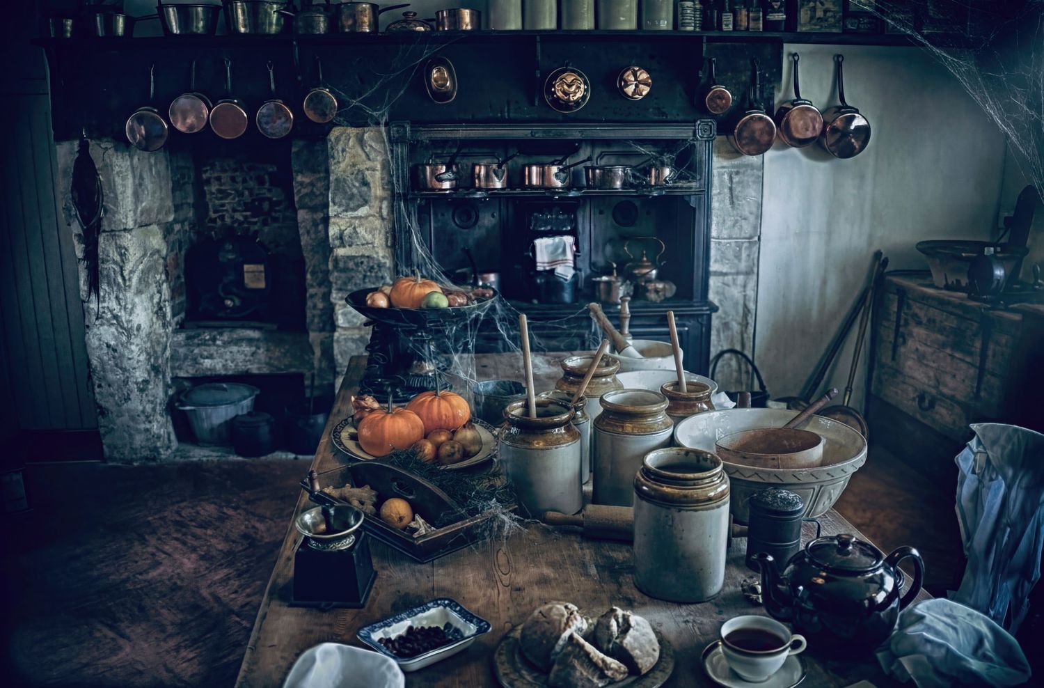 Dark and moody kitchen interior with vintage cookware and rustic elements creating an atmospheric ambiance.