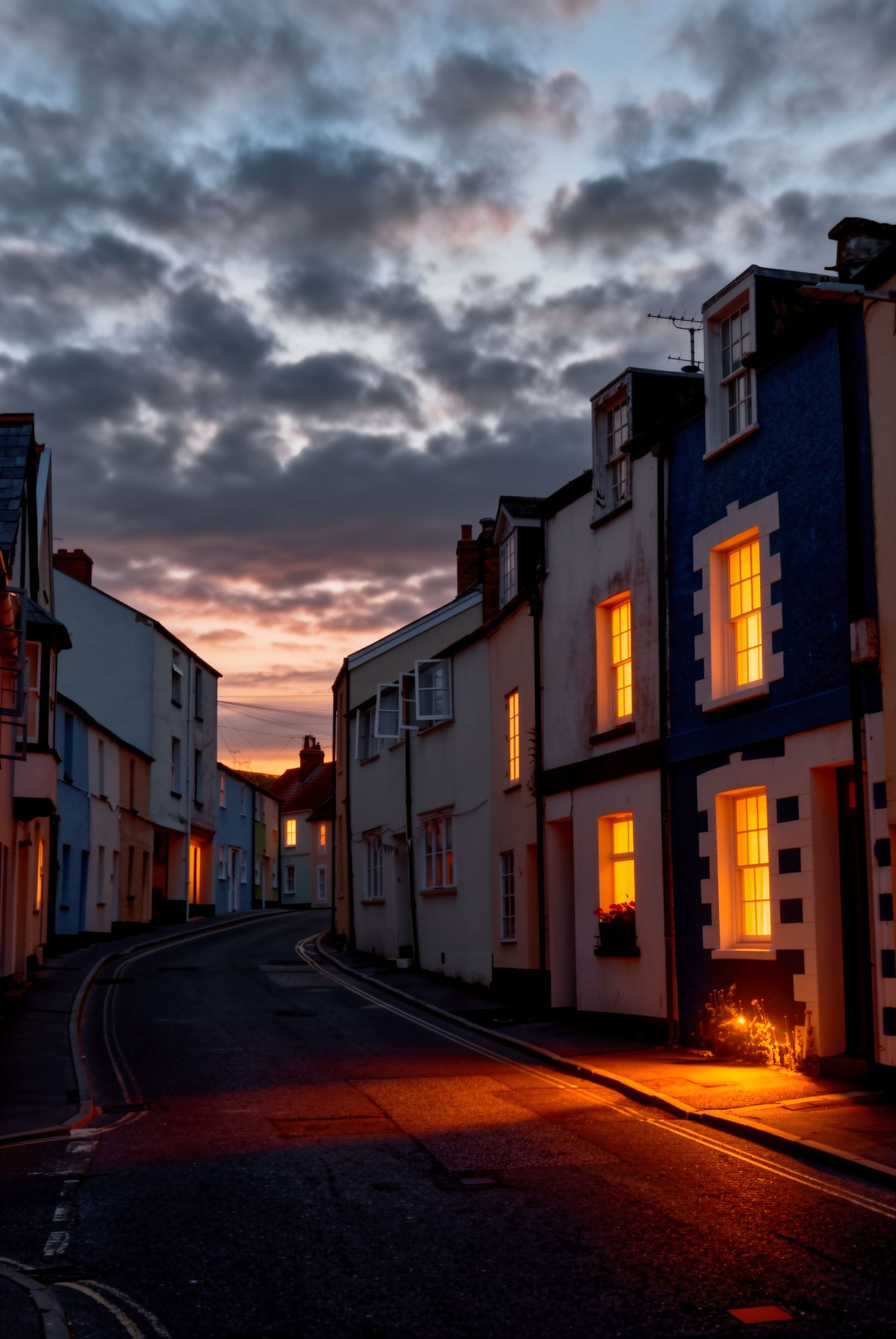 Charming narrow street at dusk with glowing windows illuminating colorful terraced houses under a dramatic cloudy sunset sky.