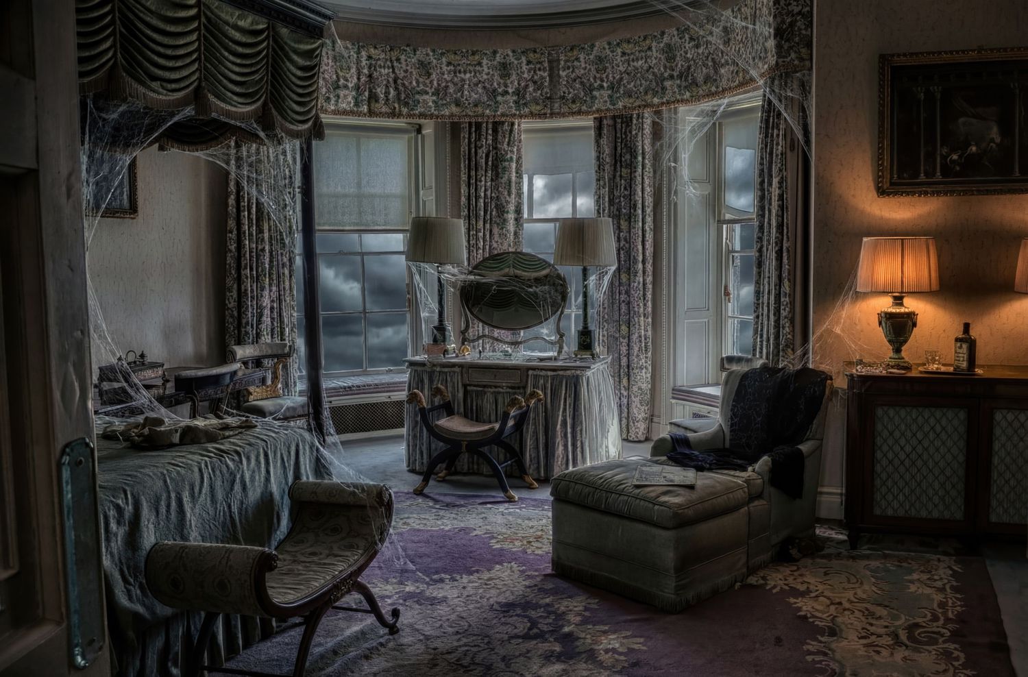 A series of dark, abandoned rooms in a derelict building with peeling wallpaper and debris scattered across the floors.