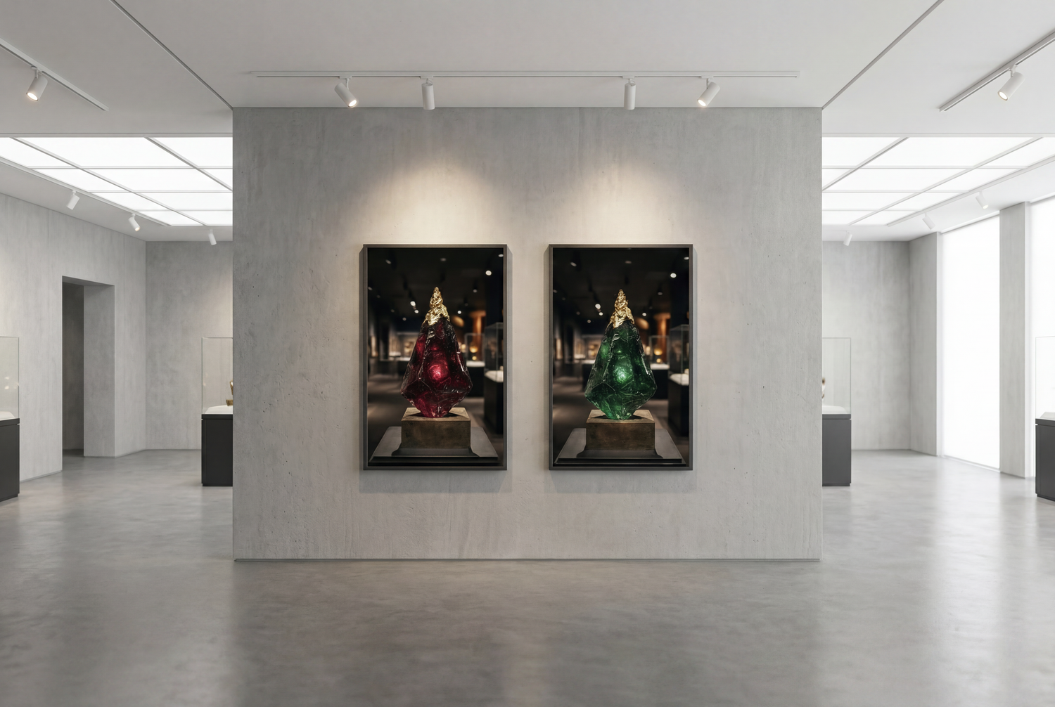 Two vibrant art prints of illuminated Christmas trees displayed in a modern minimalist gallery with gray walls.