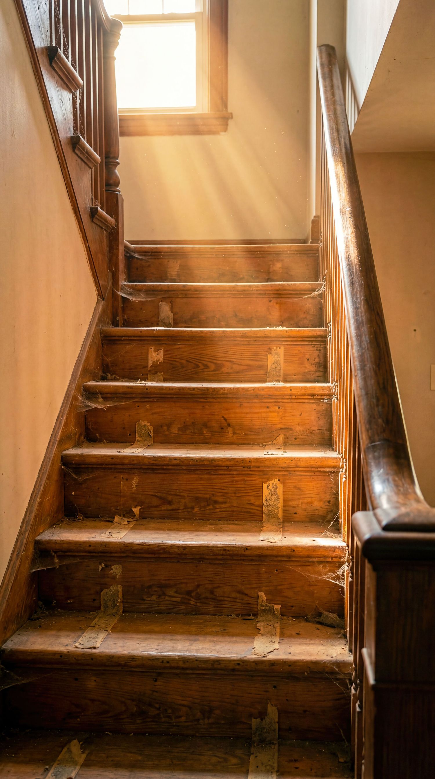 Sunlight streams through a window onto worn wooden stairs with peeling paint in an old historic home.