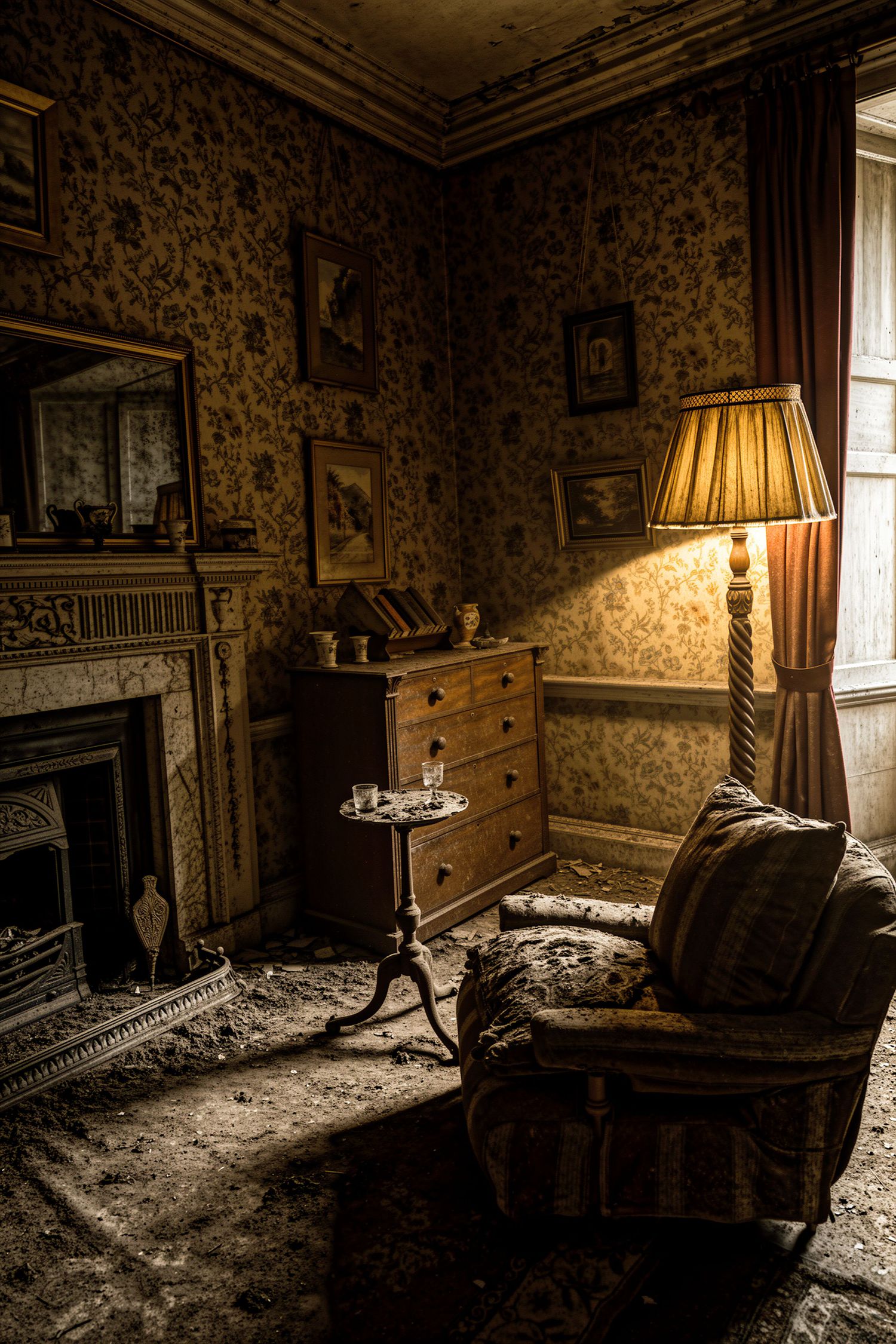 Abandoned Victorian room with dusty armchair, glowing floor lamp, ornate fireplace, and peeling floral wallpaper.
