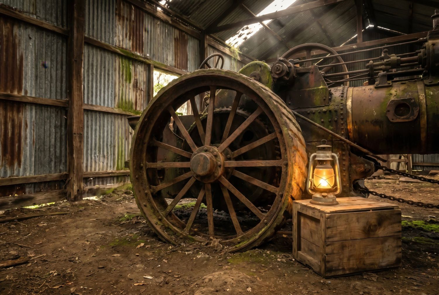 Rustic wooden wagon wheel and glowing lantern on a crate inside an old weathered barn with vintage machinery.