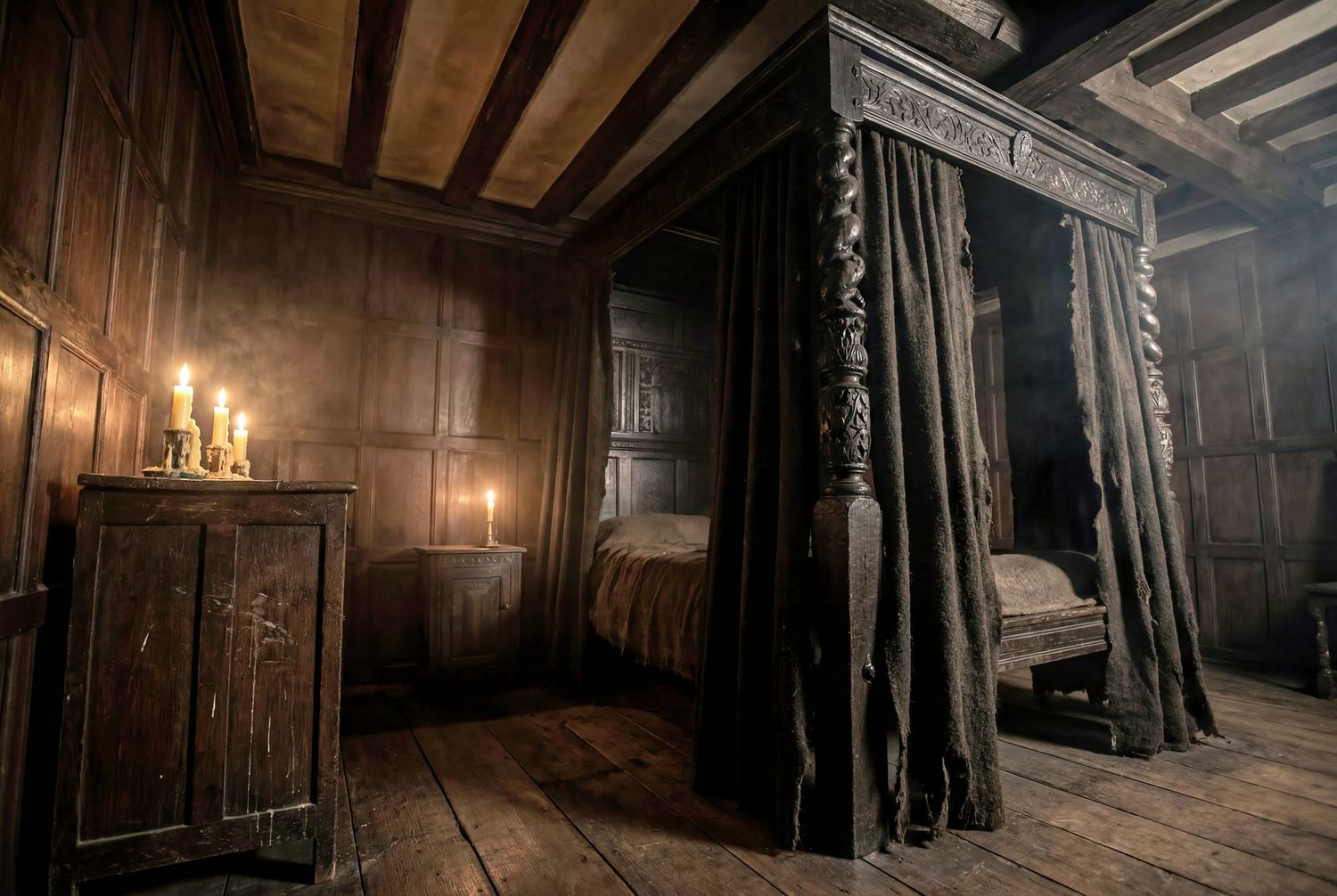 Dark medieval bedroom with four-poster bed, black drapes, candlelit wooden chest, and rustic timber ceiling.