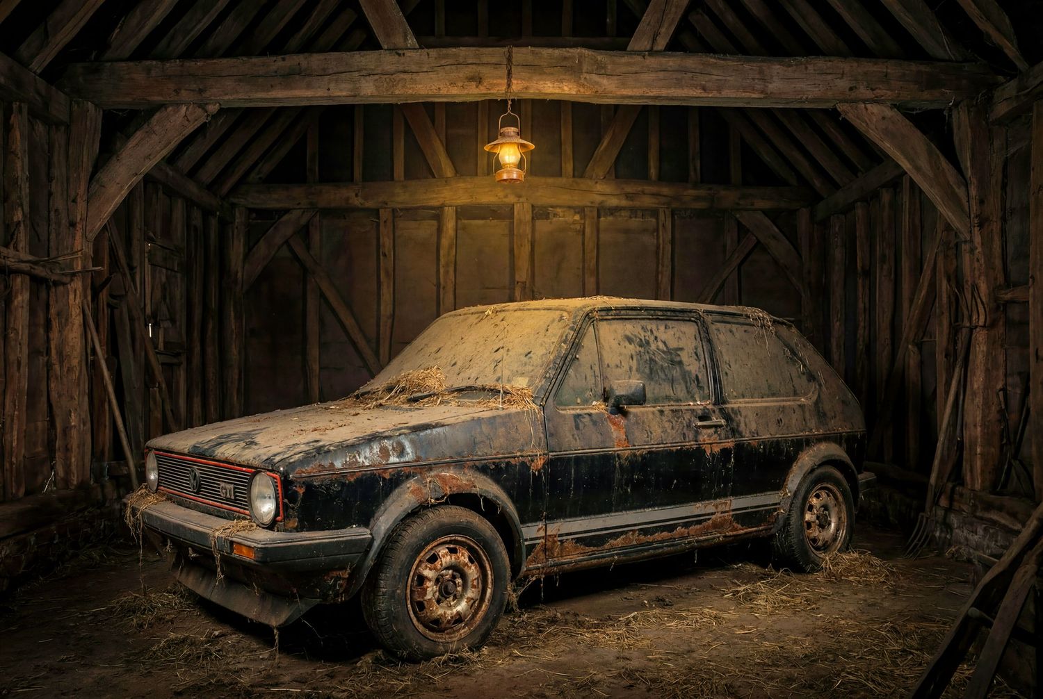 Rusty abandoned vintage VW Golf hatchback sitting in a dimly lit wooden barn with a single hanging lantern.