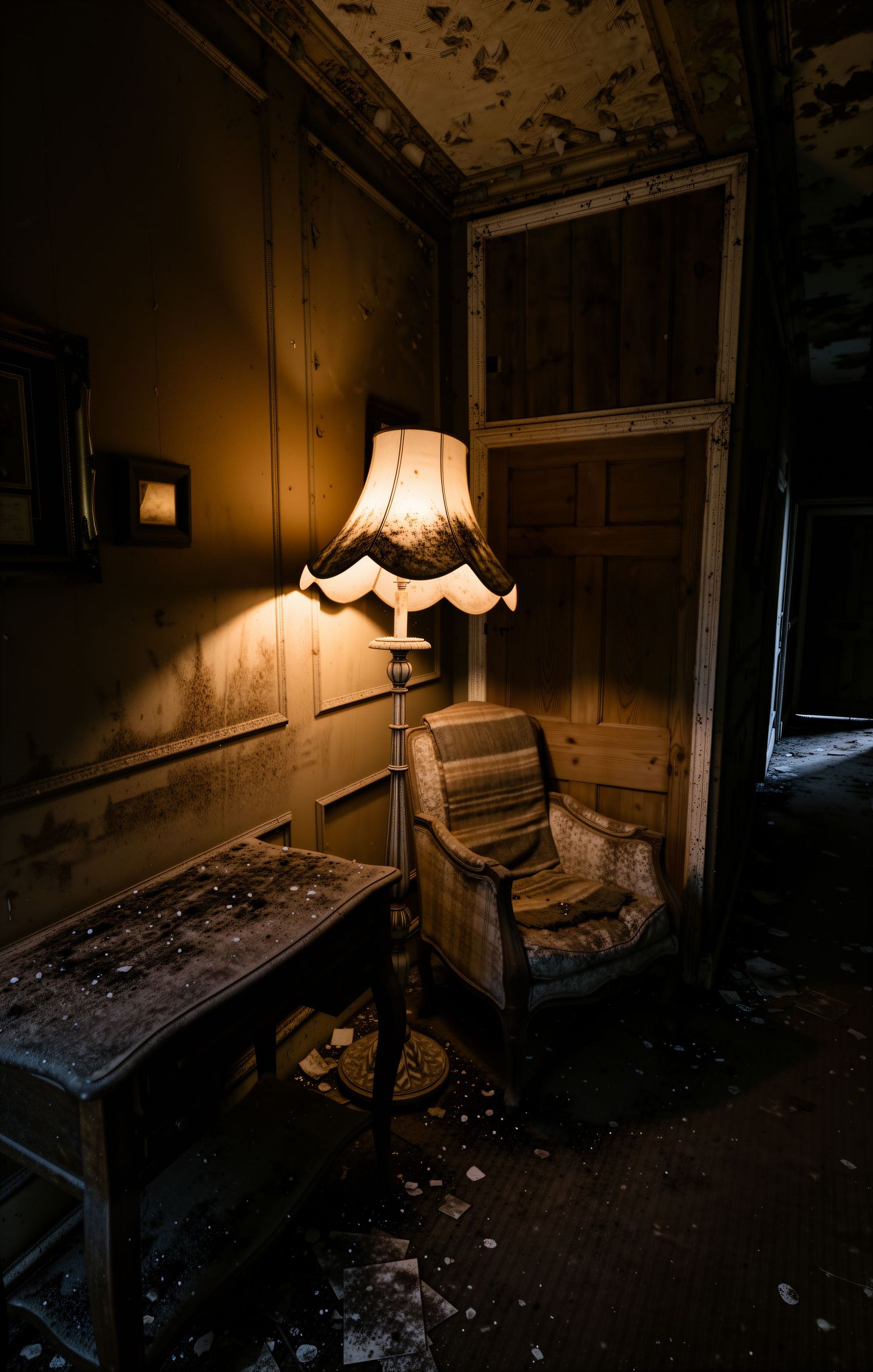 A glowing floor lamp illuminates an abandoned, decaying room with a dusty armchair and debris-covered furniture.