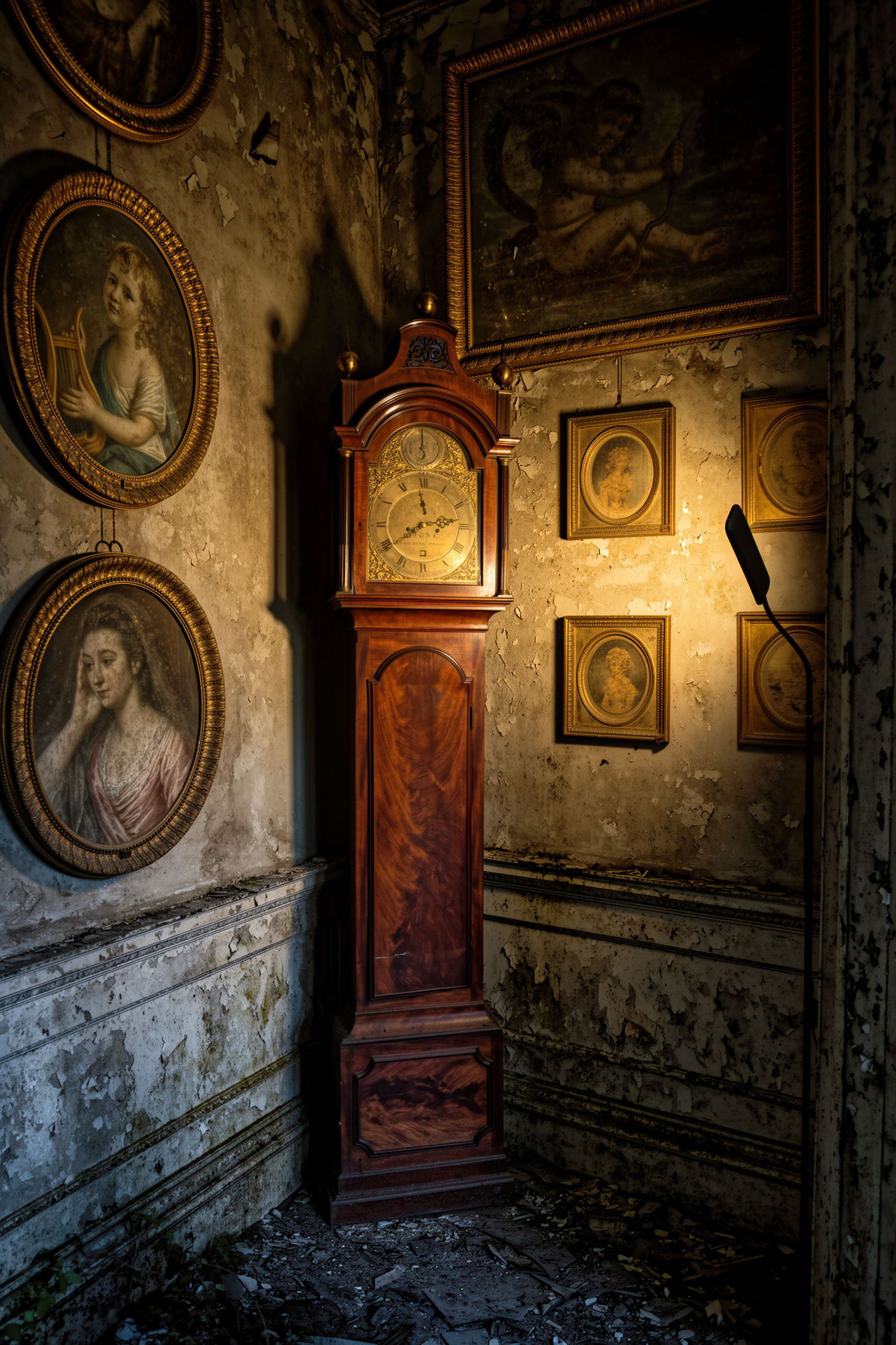 Abandoned room with ornate grandfather clock, vintage portrait paintings on deteriorating walls in dimly lit historic interior.